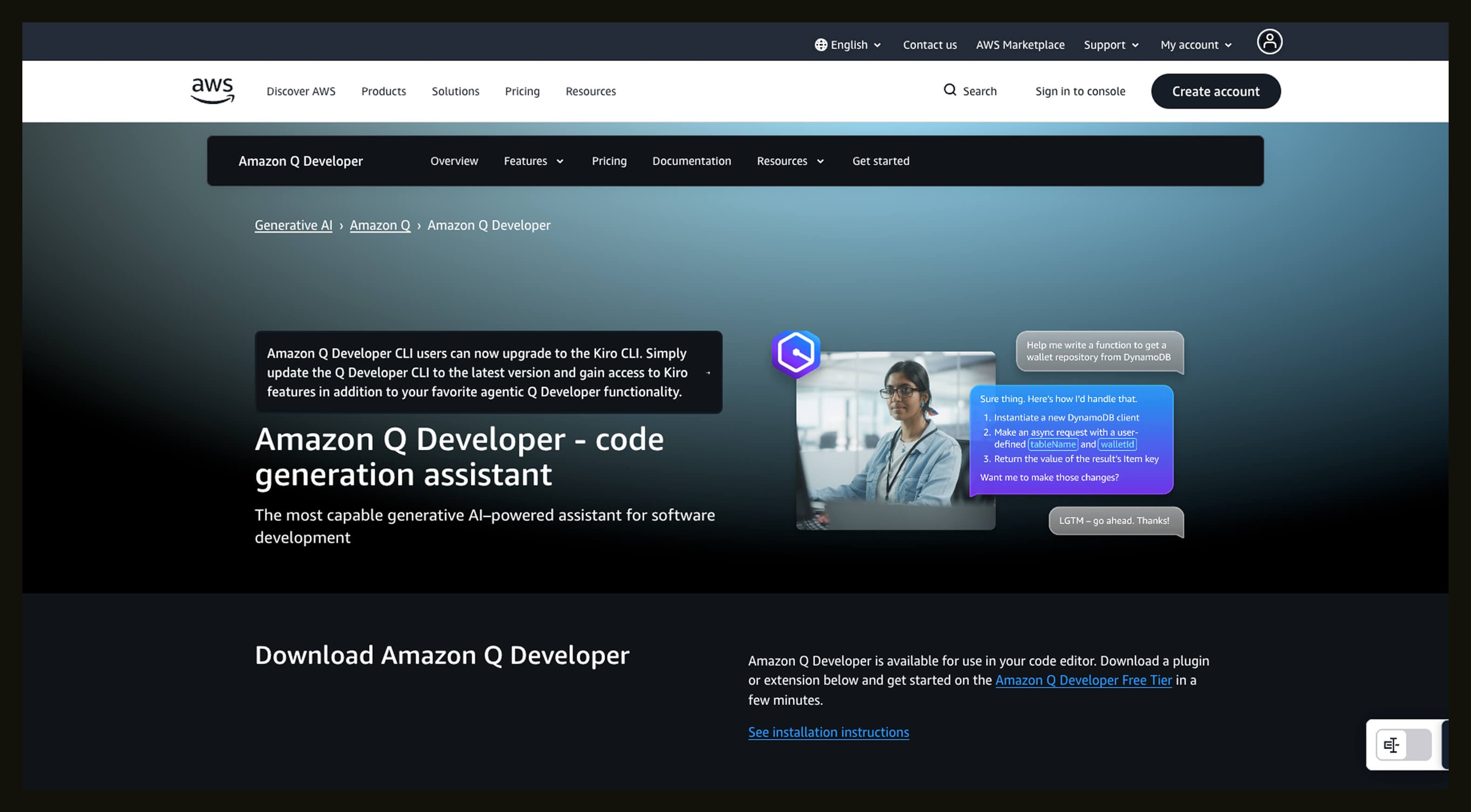 a screen of the Amazon Q Developer AI software development tool in action