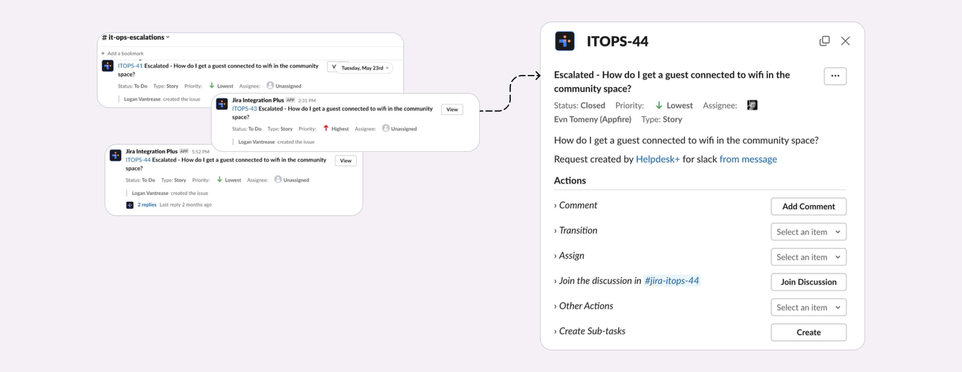 Screen capture of how to easily manage various incidents and escalations within Slack with the help of Integration+.