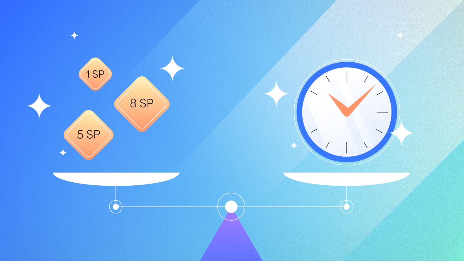 Illustration comparing story points and time estimation in sprint planning with balance scale.