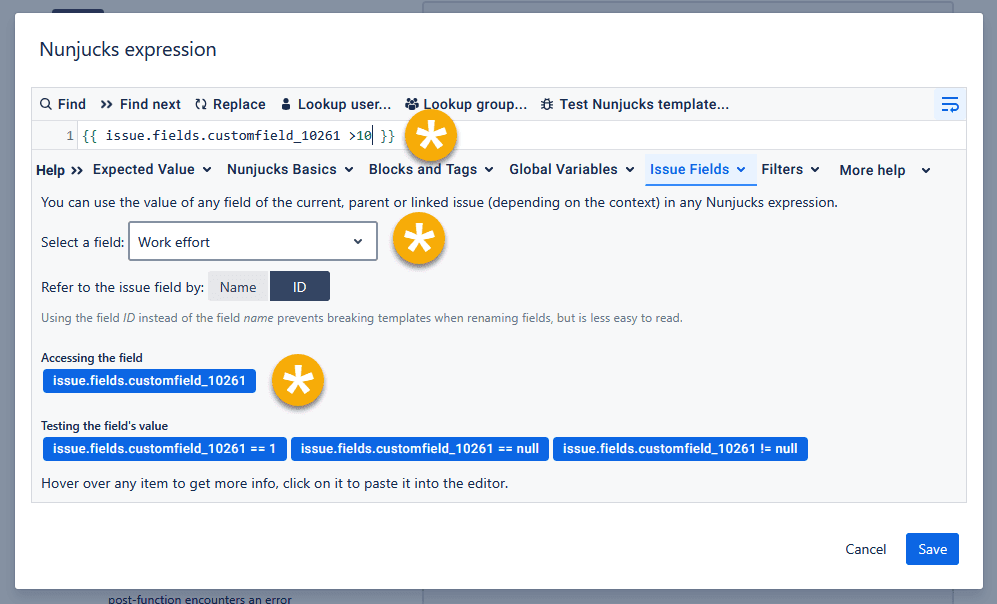 Nunjucks expression editor evaluating custom field value in JMWE