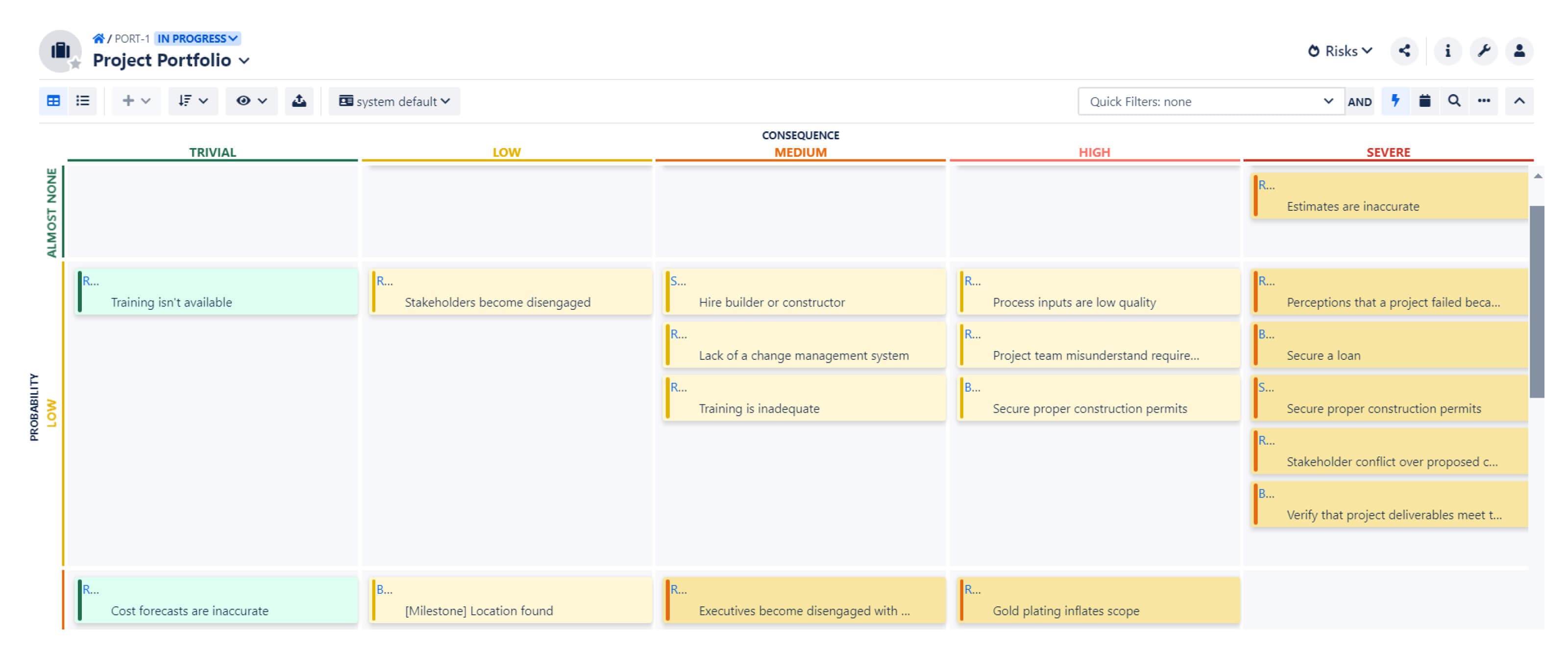The risk matrix visualizes all the risks from your portfolio. (BigPicture for Jira)
