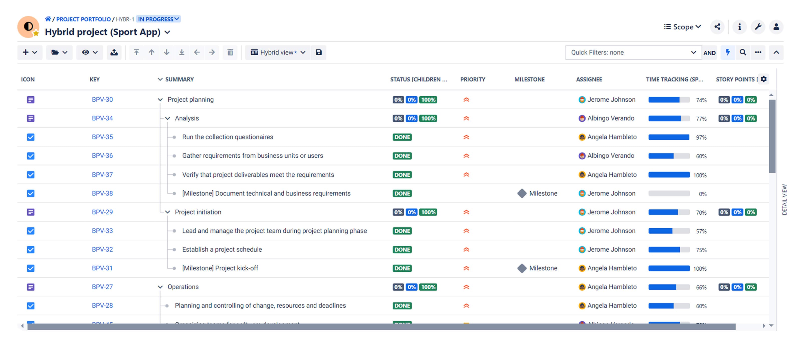 The Scope module in BigPicture lists all the tasks, milestones, and other project items included in the scope of your project. (screenshot from BigPicture for Jira)