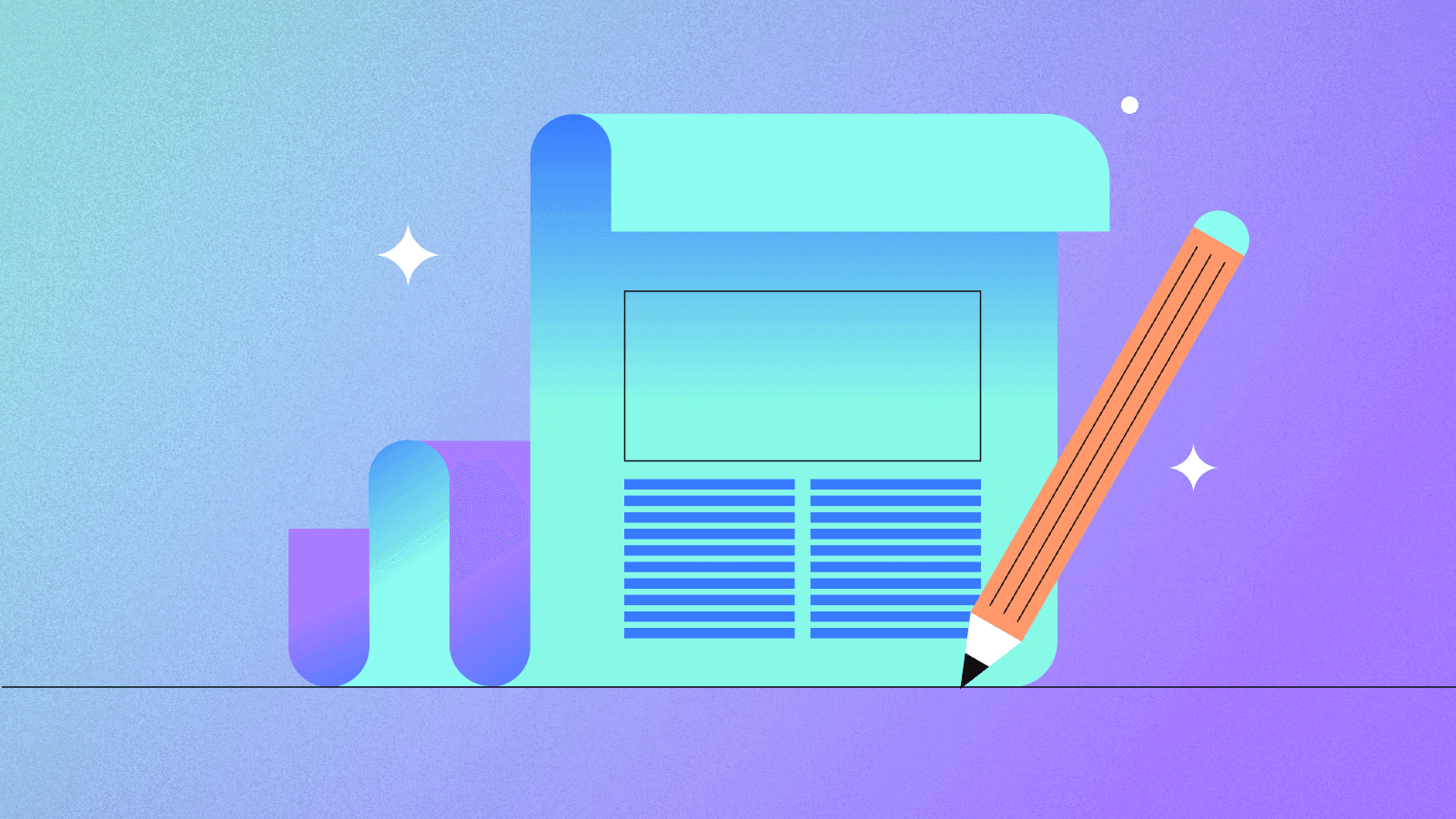 An abstract illustration featuring a document and a pencil on a gradient background of blue and purple hues.
