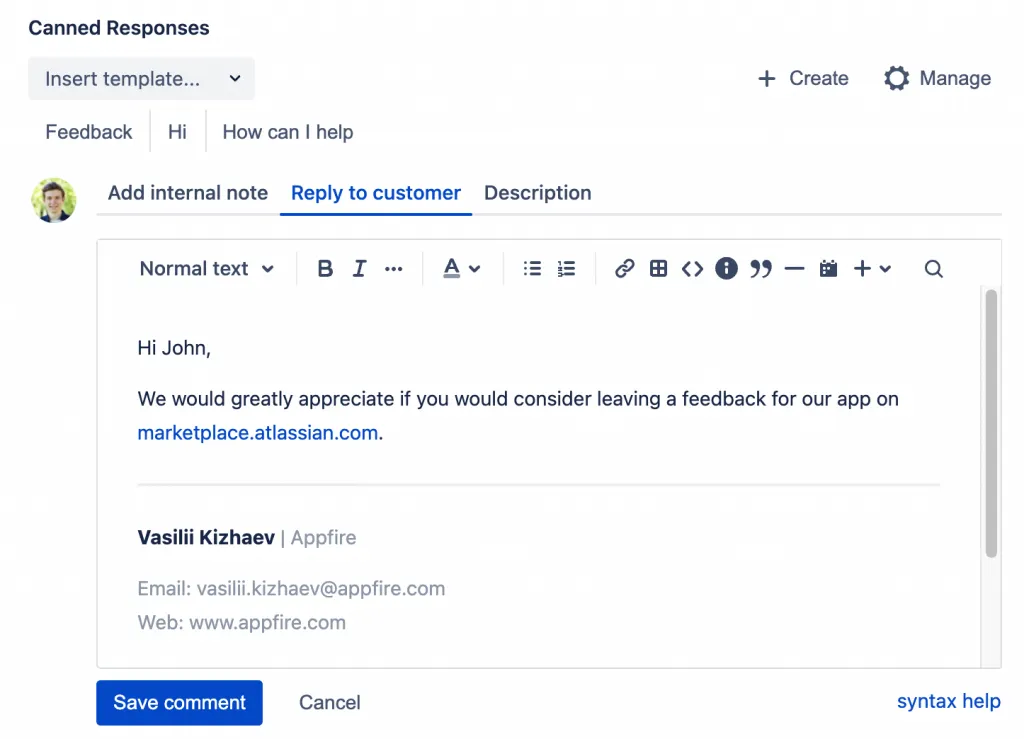 Canned Responses Pro customer reply