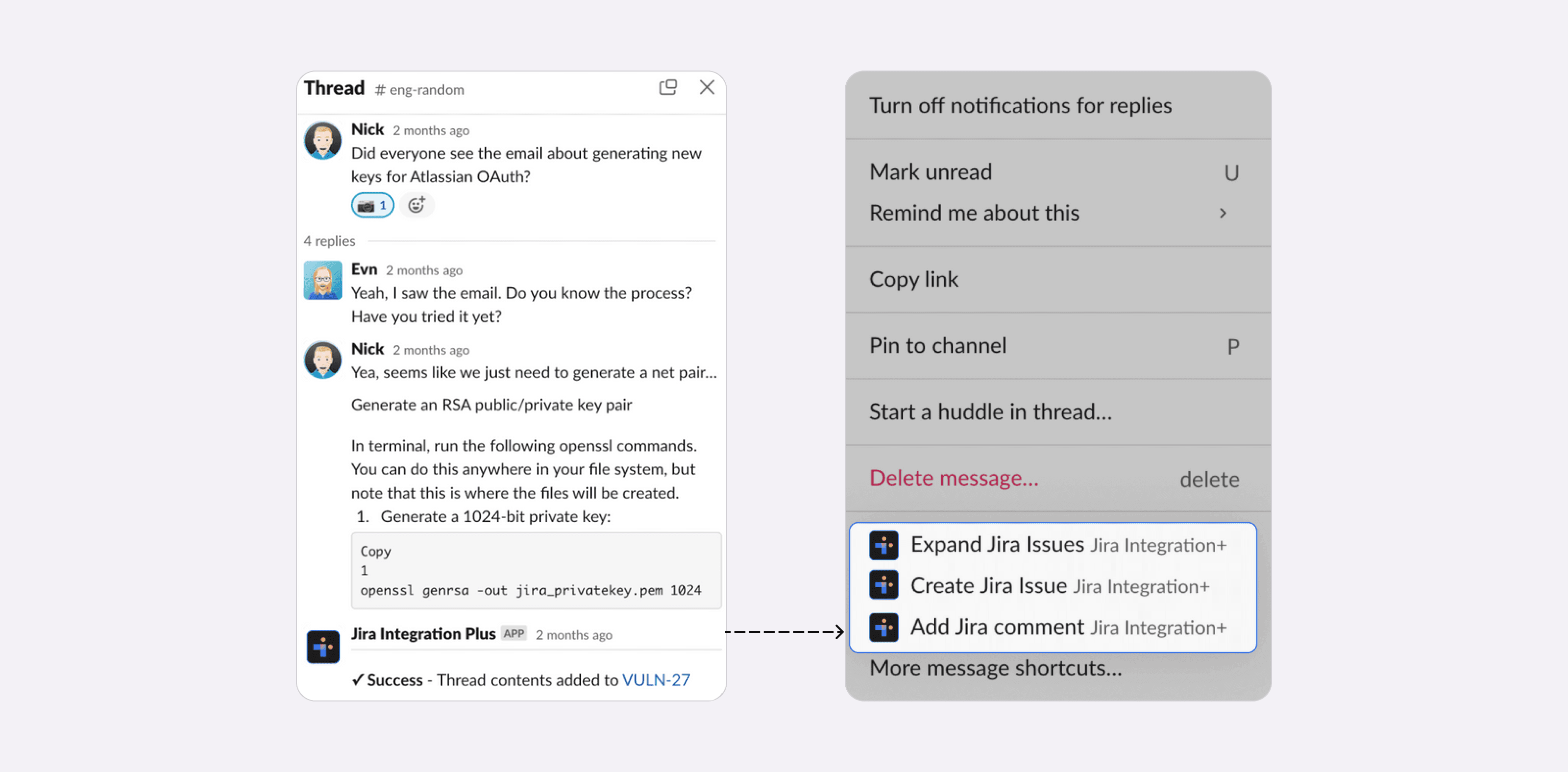 Content from Slack being captured into a Jira ticket can be done via Integration+ using the camera emoji.