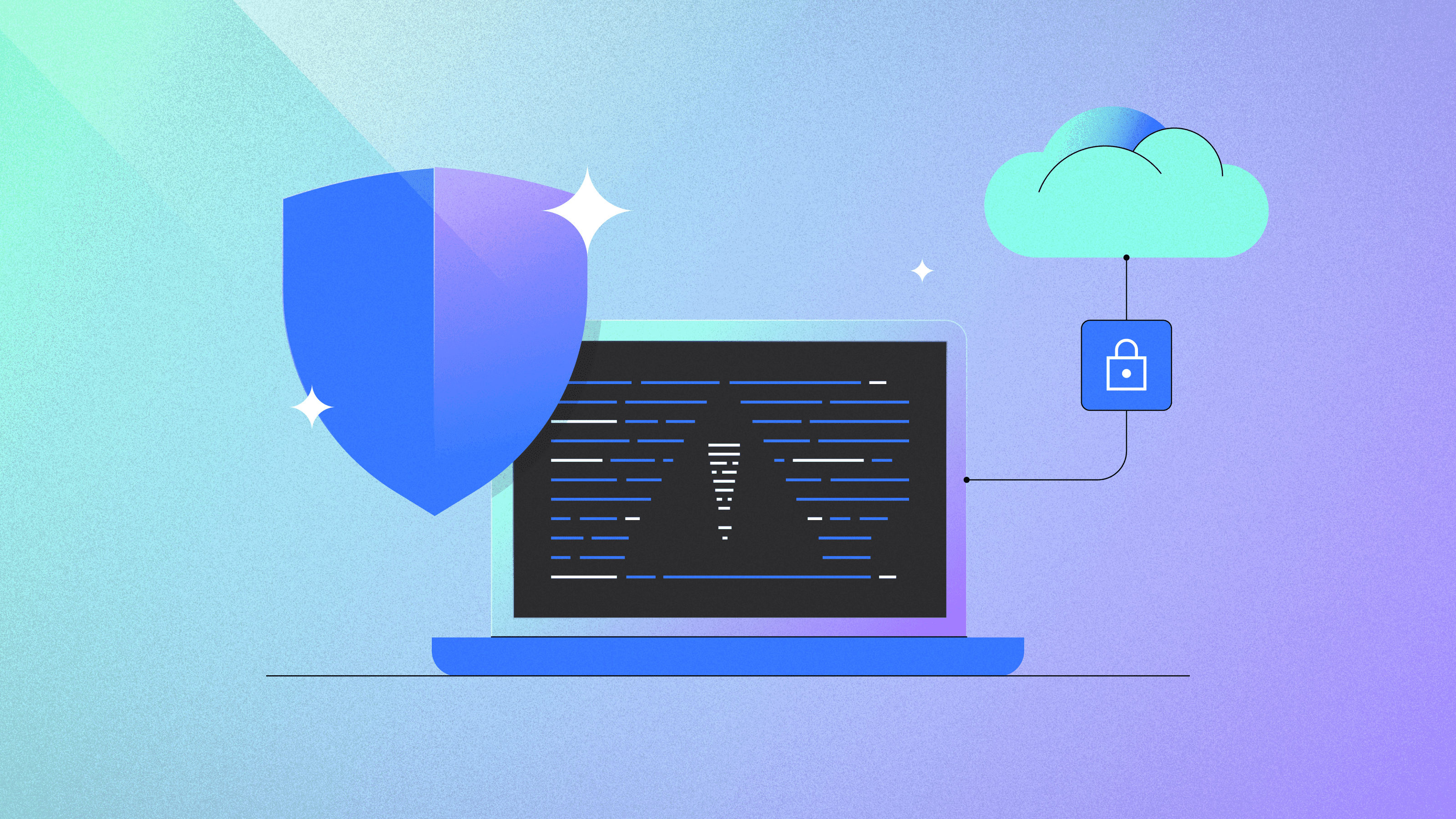 Illustration of a laptop with a shield and cloud, symbolizing cybersecurity and data protection.