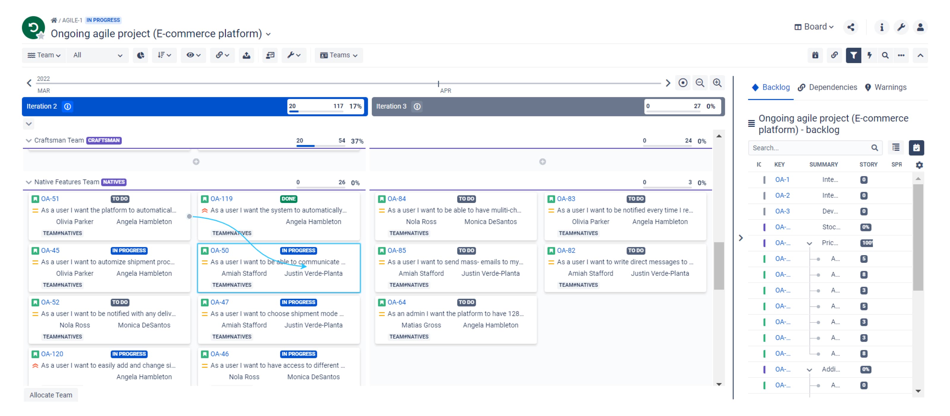 The BigPicture Board module. A blue line is dragged from task QA-51 to QA-50. When you drop it, it will turn grey. To delete it or edit dependency details (type, lag, ASAP mode), click on it to prompt the edit window.