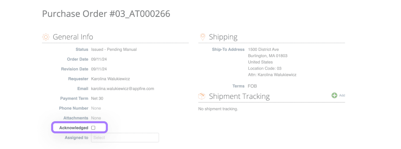 purchase order details page in the Coupa Supplier Portal, showing Purchase Order #03_AT000266.