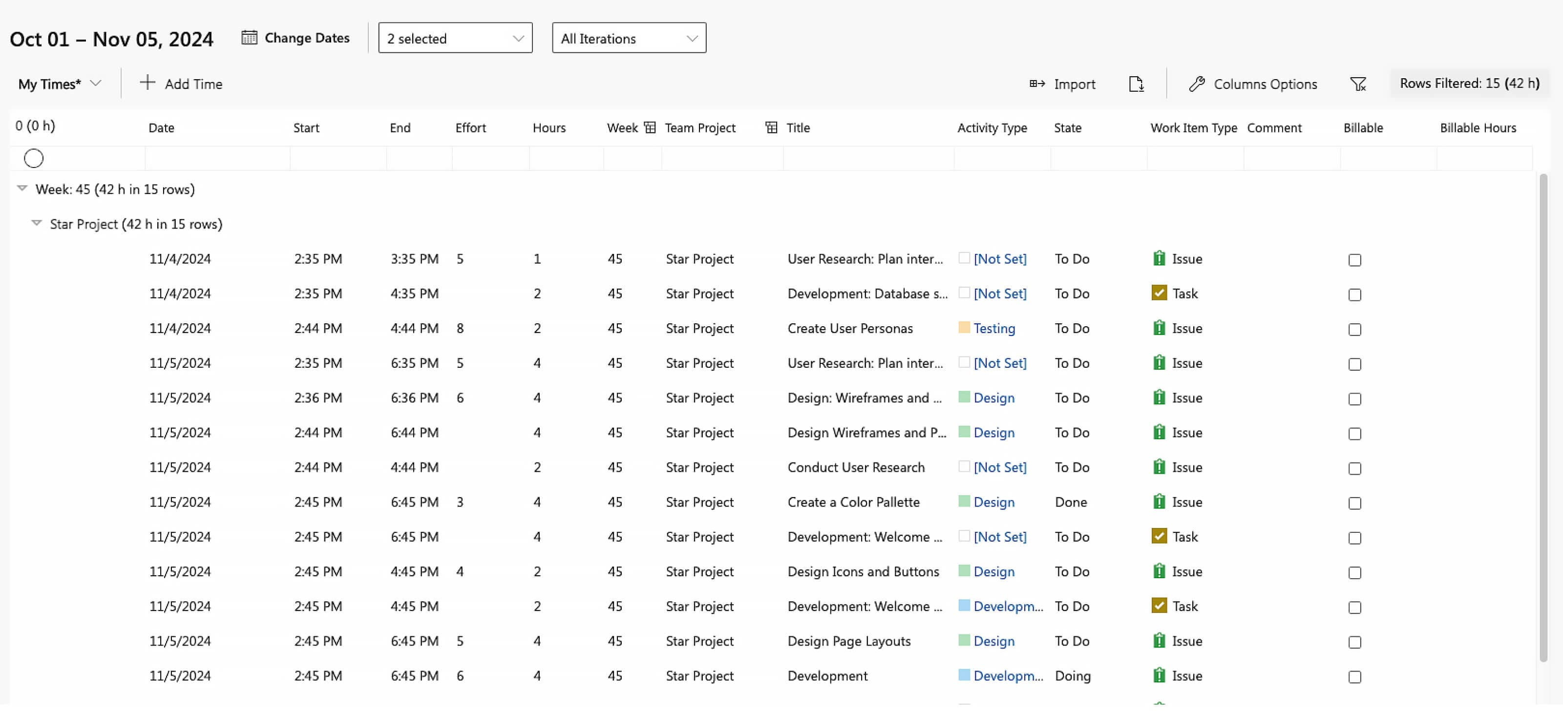 Screenshot of the times explorer view to filter and export data to Excel with a single click.