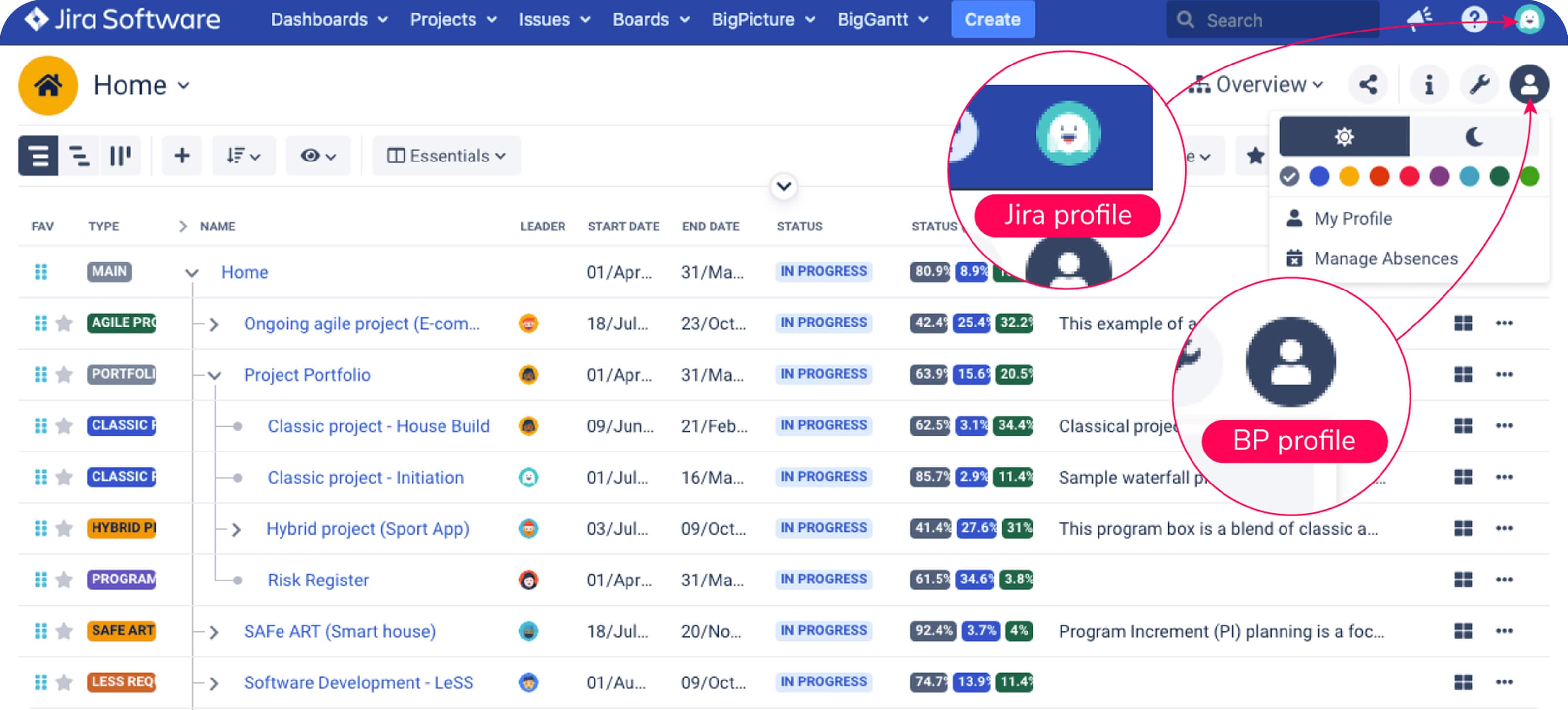 In, BigPicture, you will find two profile buttons: one for Jira (top blue menu bar) and the other one for BigPicture. Since Jira does not support absence planning, you submit all your days off through BigPicture’s personal Profile as a team member.