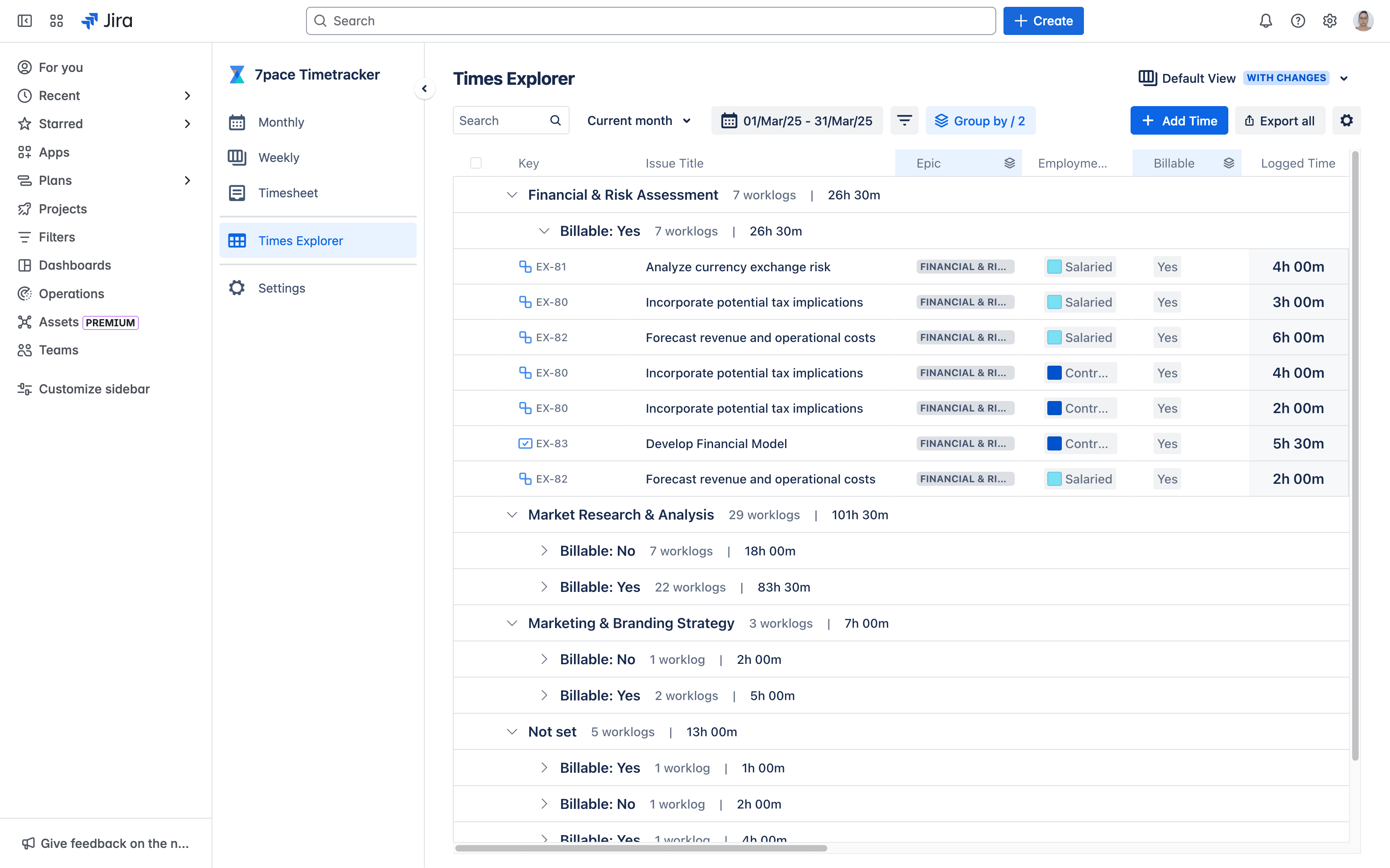 7pace timesheet view with double grouping enabled for task tracking