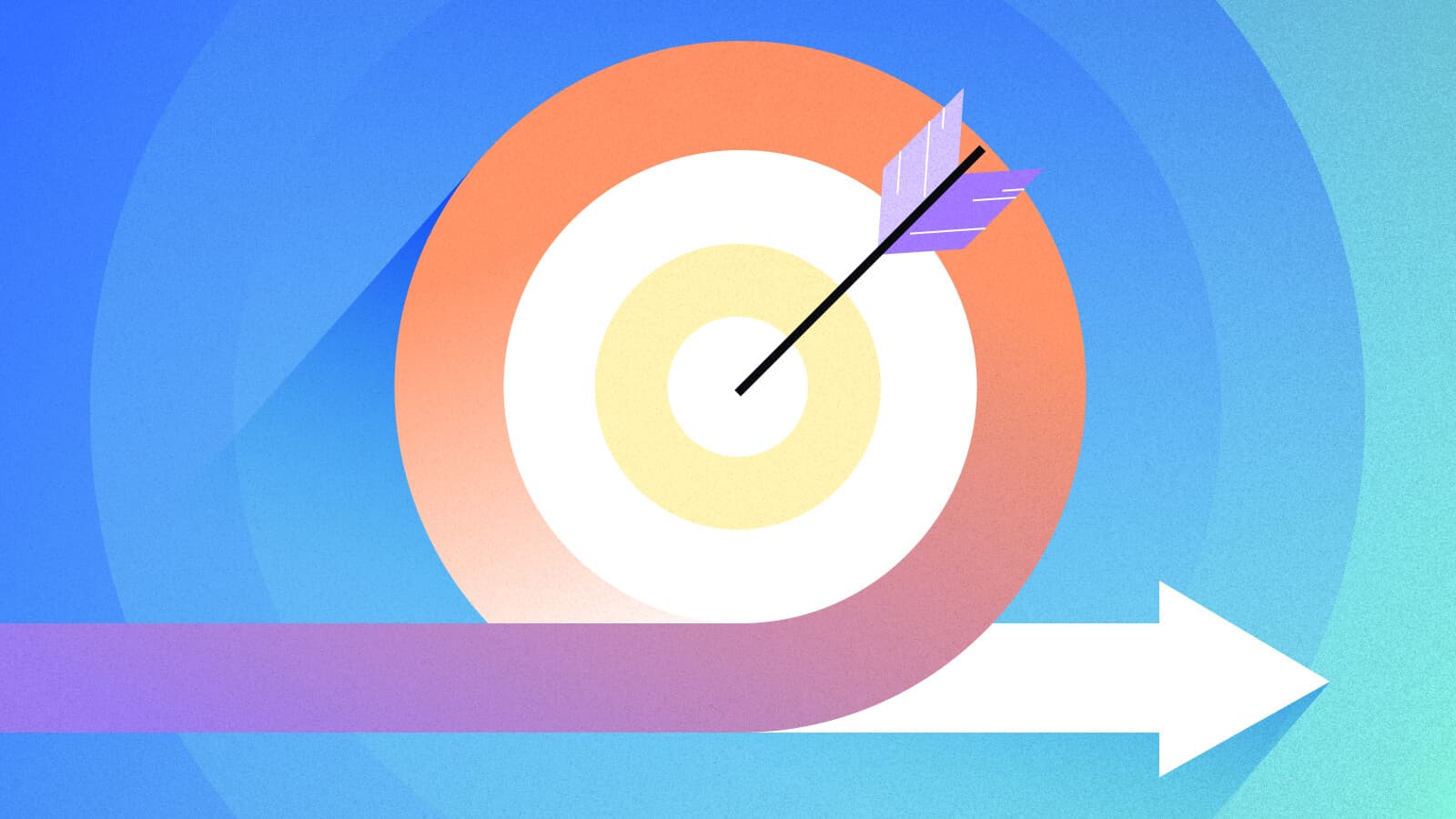 An archery arrow sticks out of a multi-colored bullseye target that has a directional arrow wrapped around the outside.