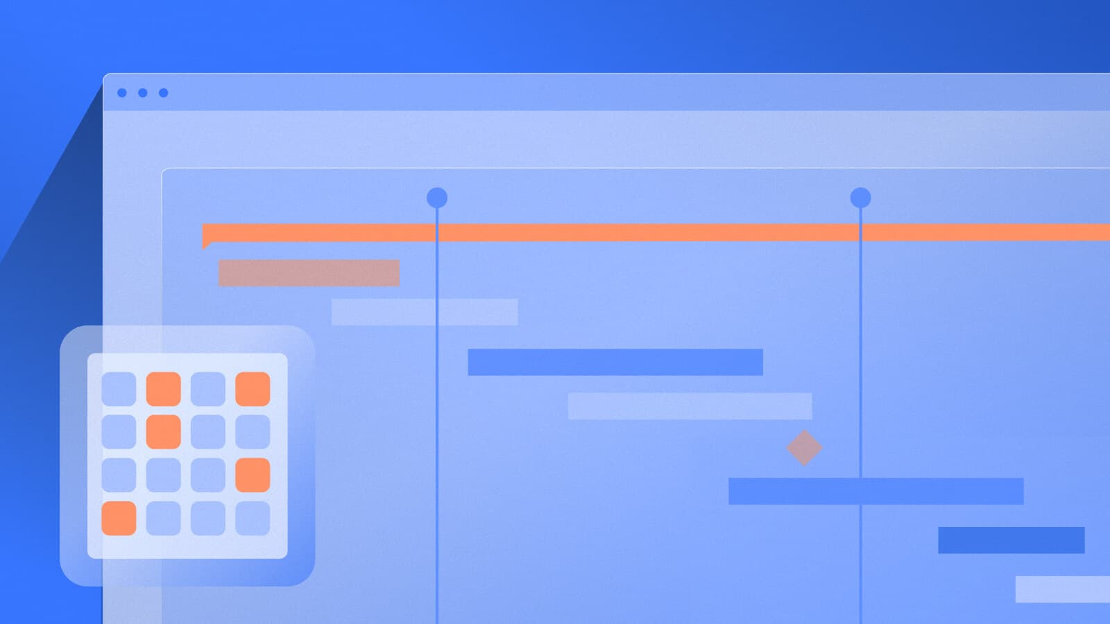 Illustration of a strategic program management timeline with project schedules, milestones, and a calendar.