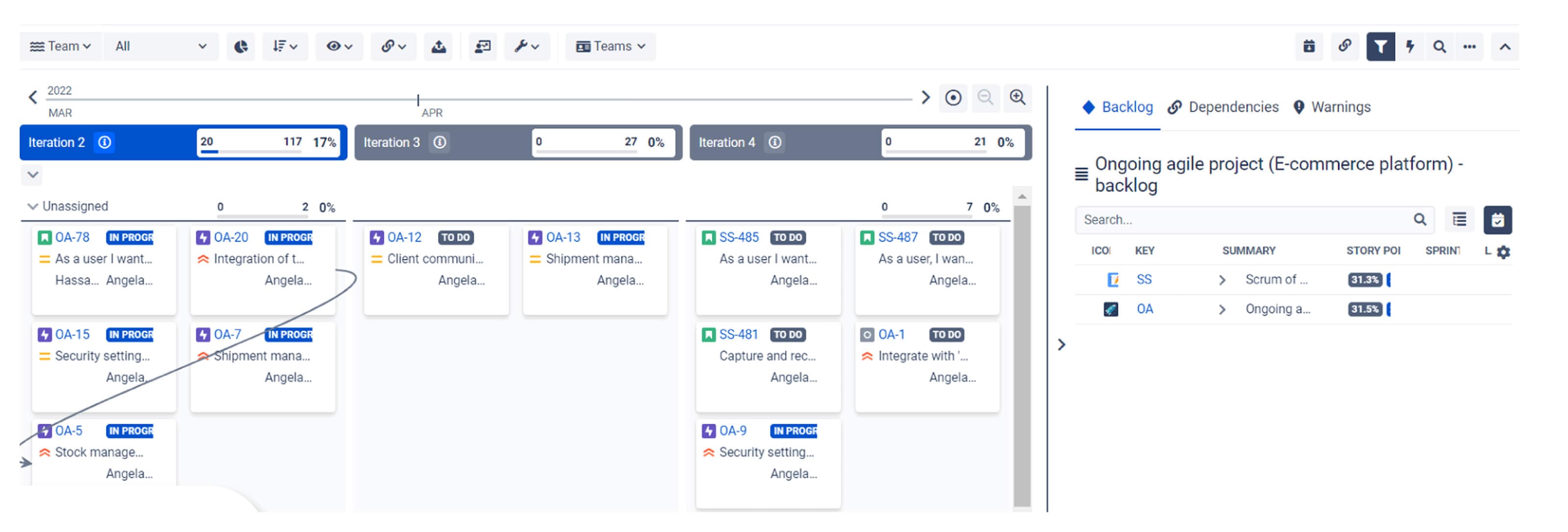 Agile Board (left section) visualizing iterations and issue cards in BigPicture.