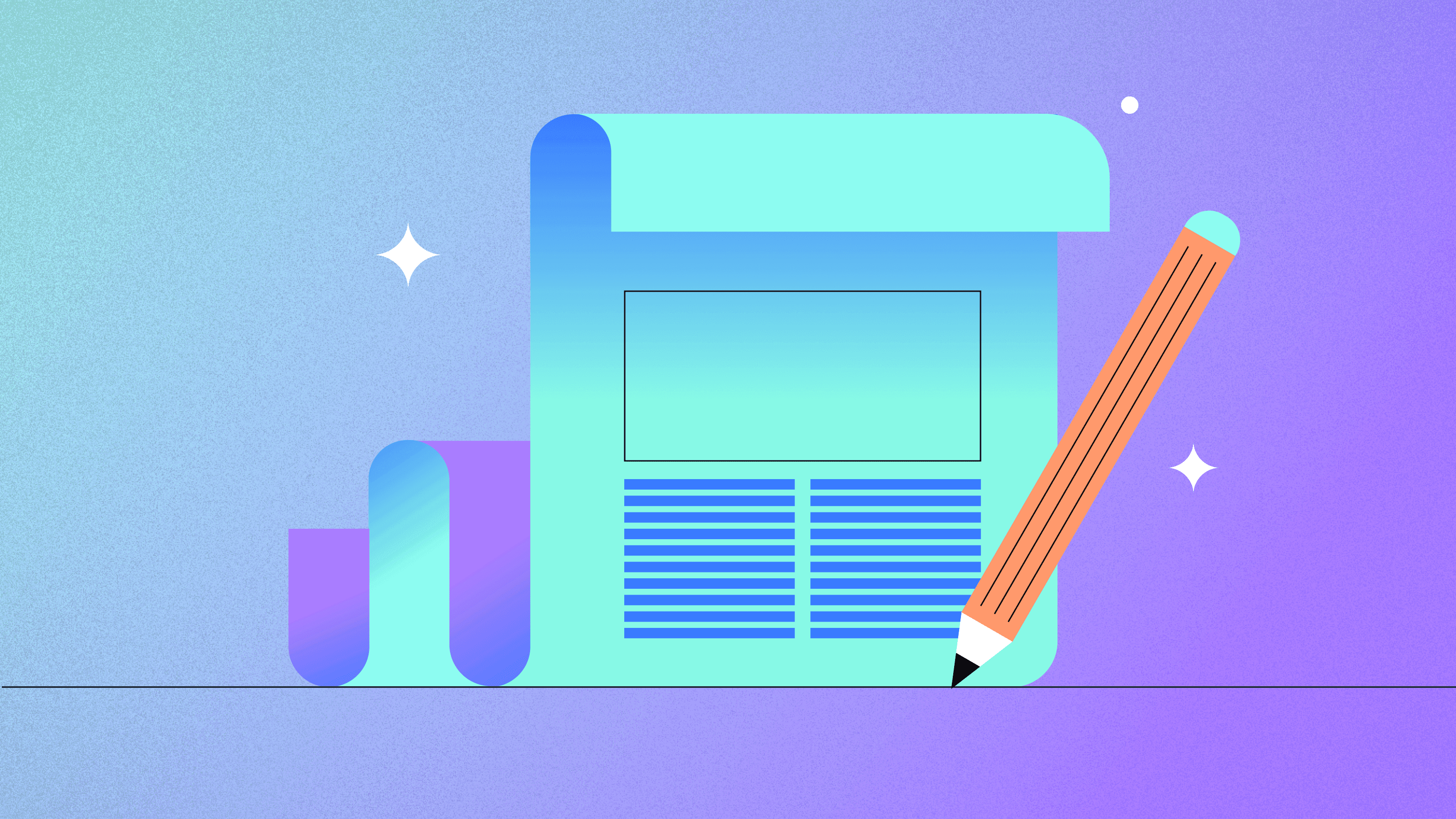 An abstract illustration featuring a document and a pencil on a gradient background of blue and purple hues. 