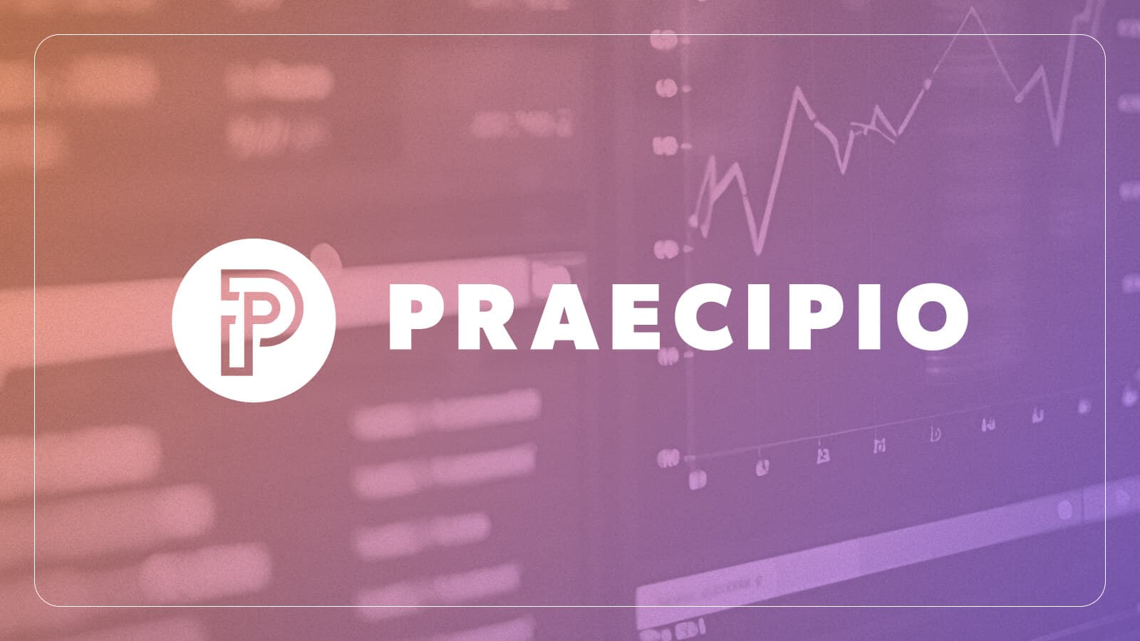 Praecipio logo with a gradient transparent background showing charts and graphs on a screen, representing business analytics and performance data.