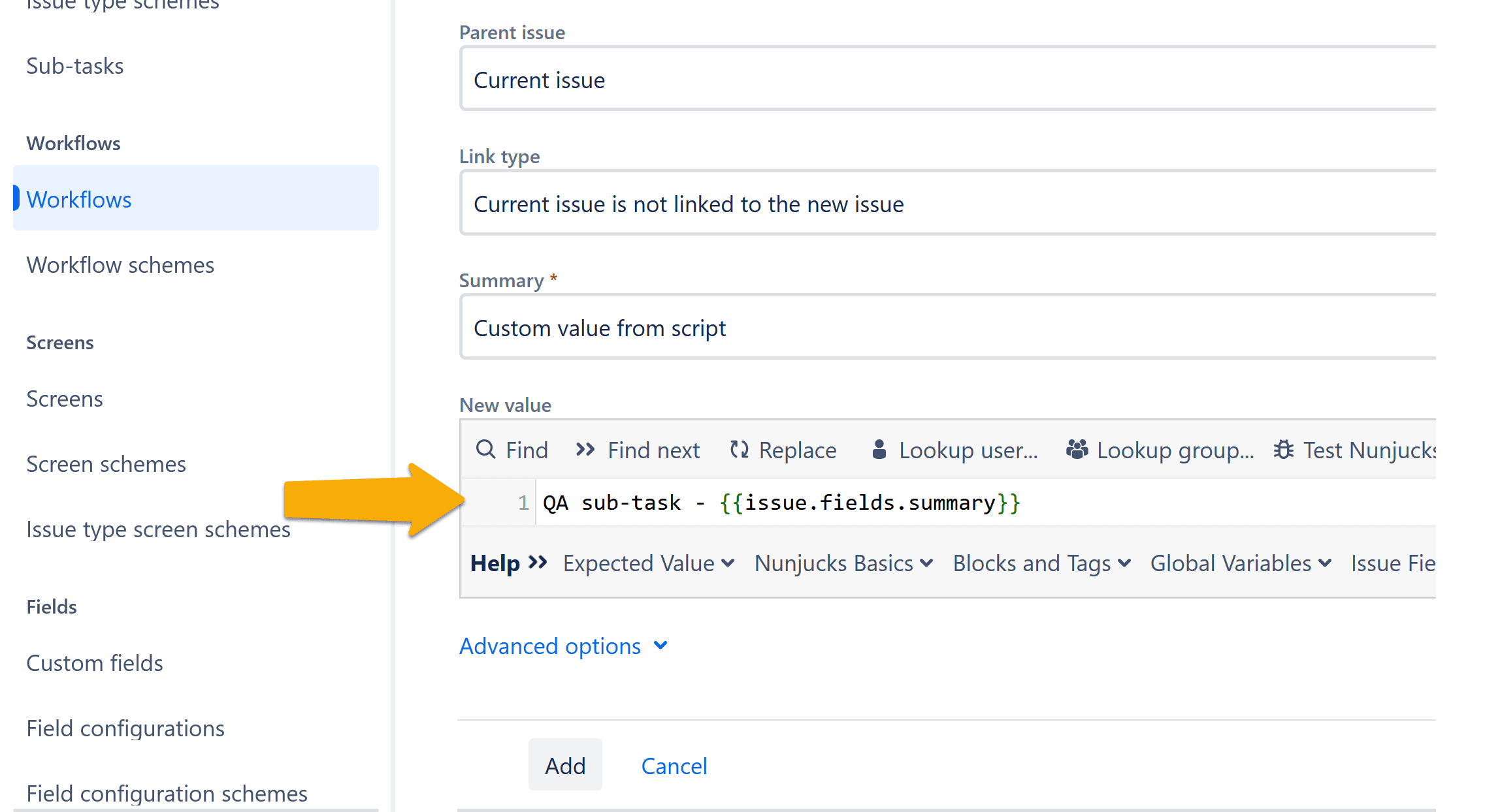 Jira configuration page where a custom script sets the summary for a new sub-task using the syntax '{{issue.fields.summary}}' in the 'New value' field