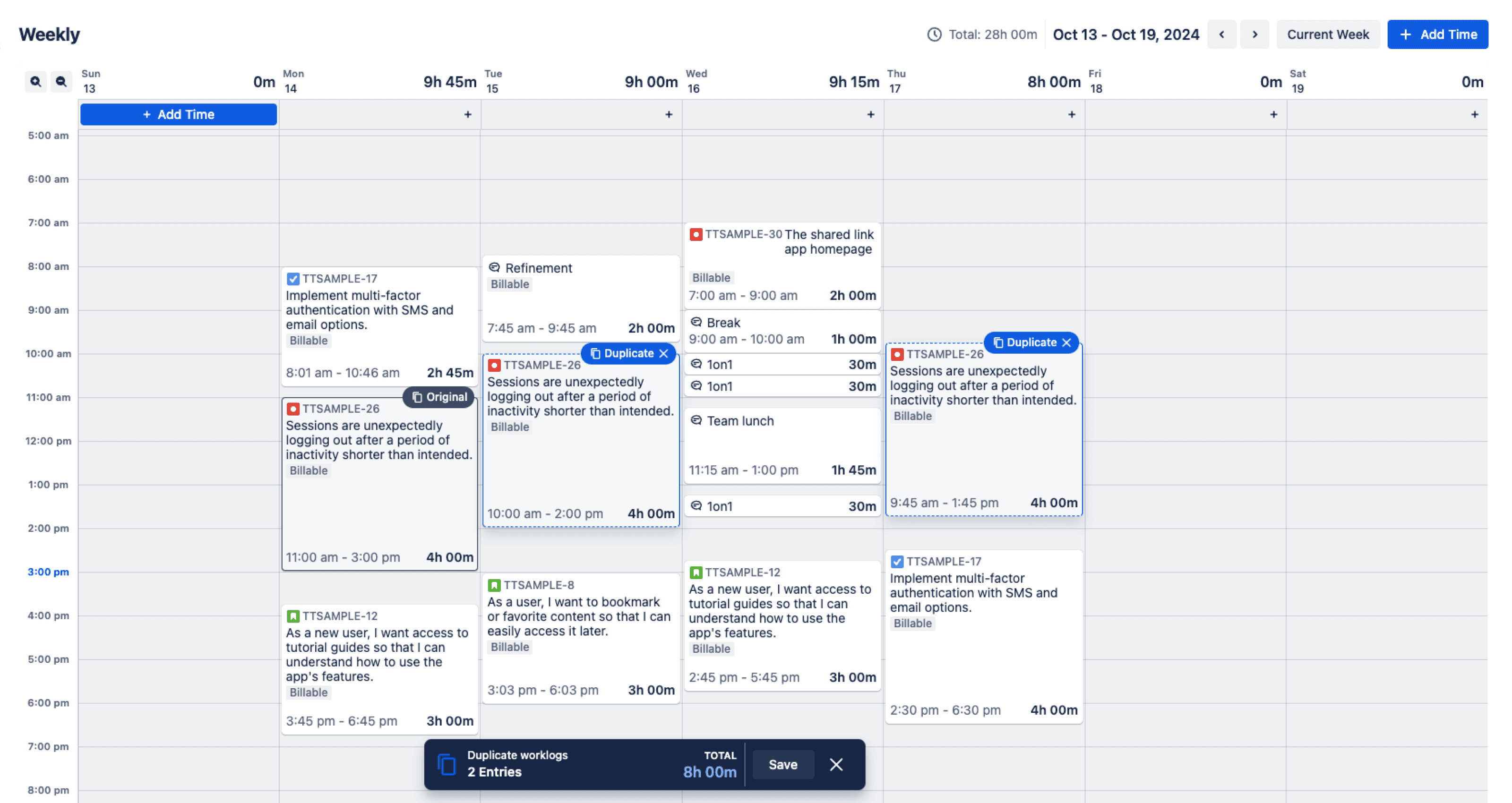 Weekly calendar view for 7pace Timetracker for Jira.