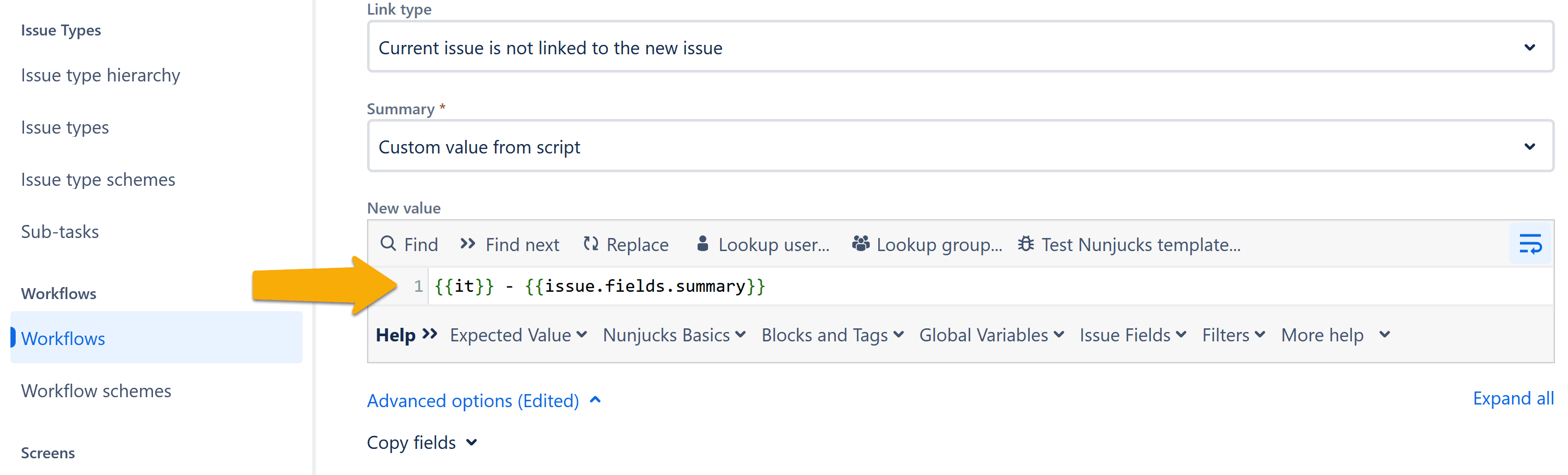 Jira post-function configuration where a custom script sets the summary for a sub-task with the syntax '{{it}} - {{issue.fields.summary}}' in the 'New value' field