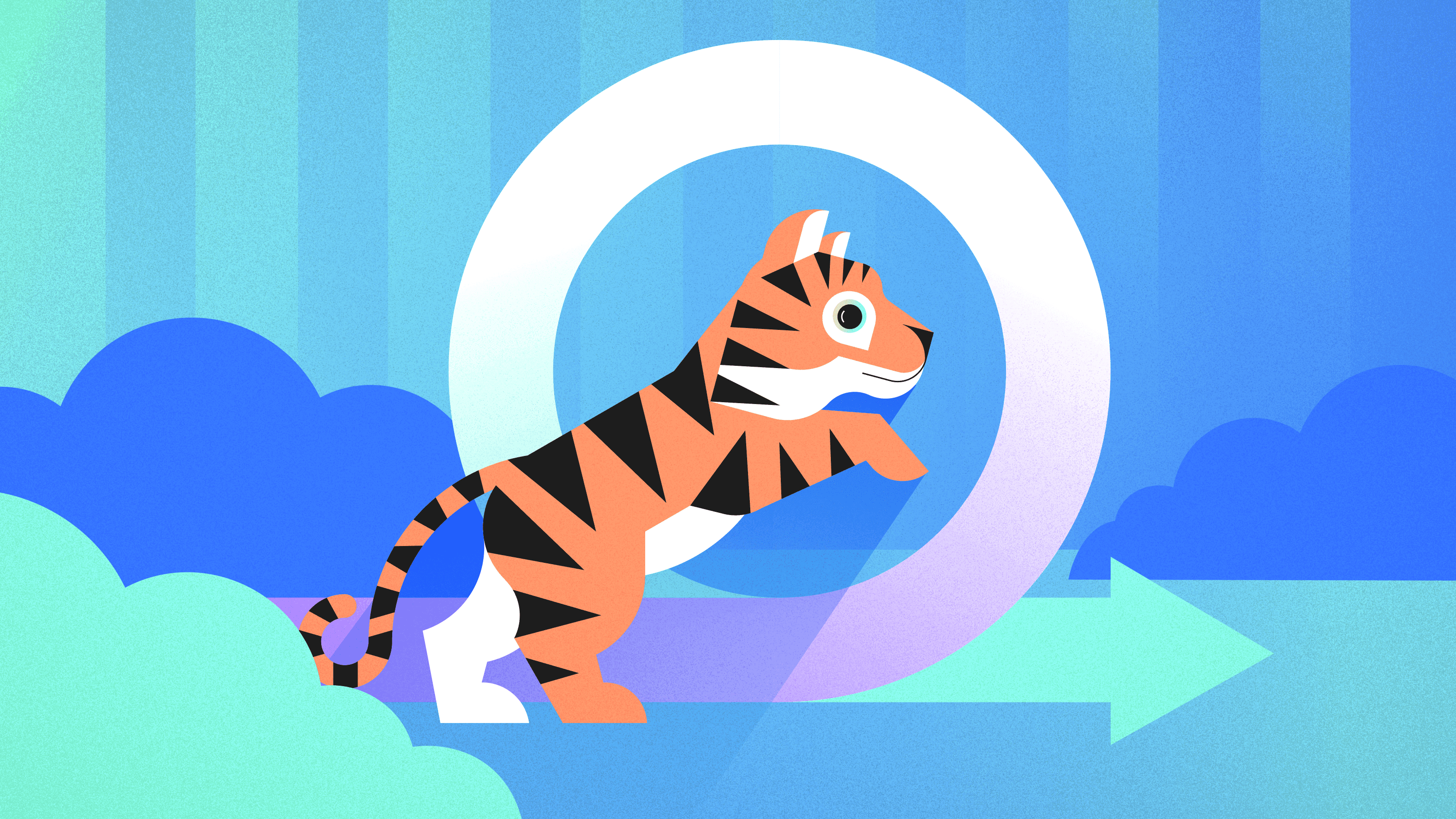 A digitally rendered drawing of a tiger begins to jump through a circle with a directional arrow at the end.