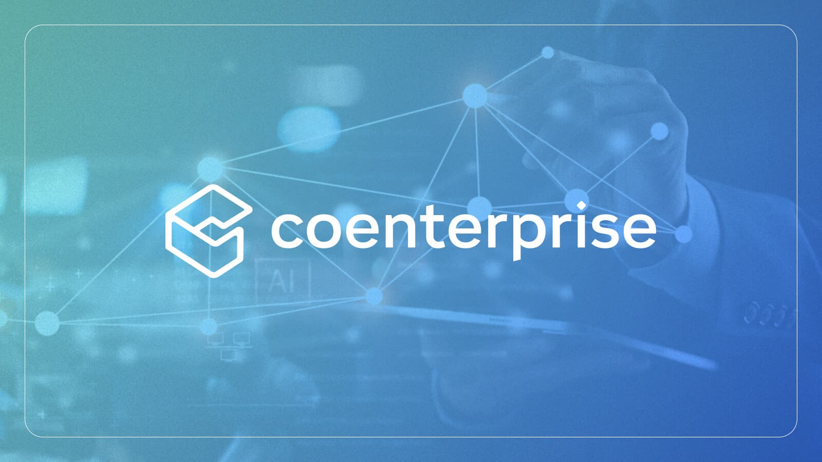 CoEnterprise logo centered on a gradient blue background with a network of connecting lines and dots, symbolizing connection and technology.