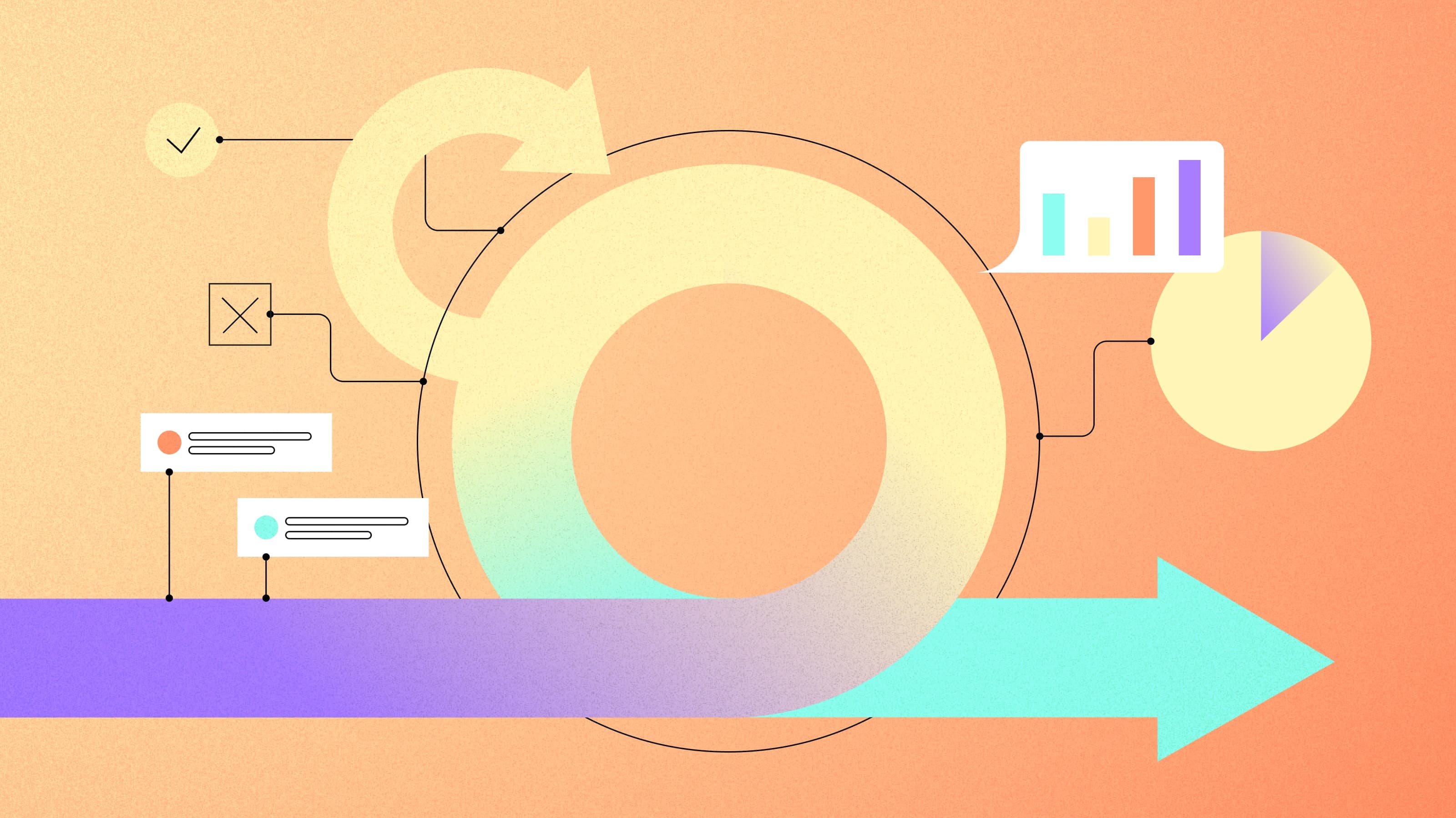 Abstract illustration representing an agile workflow. The design features a large circular loop with interconnected elements, such as a pie chart, bar chart, checkmark, and speech bubbles, all on a gradient orange background.