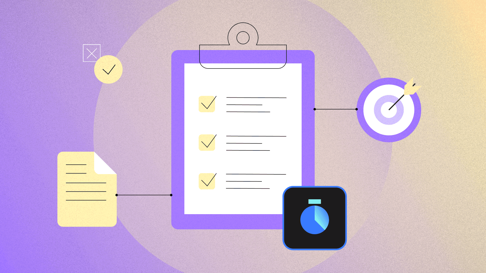 A graphic showing a to-do list on a clipboard with icons of: notes, JSM and a board&arrow.