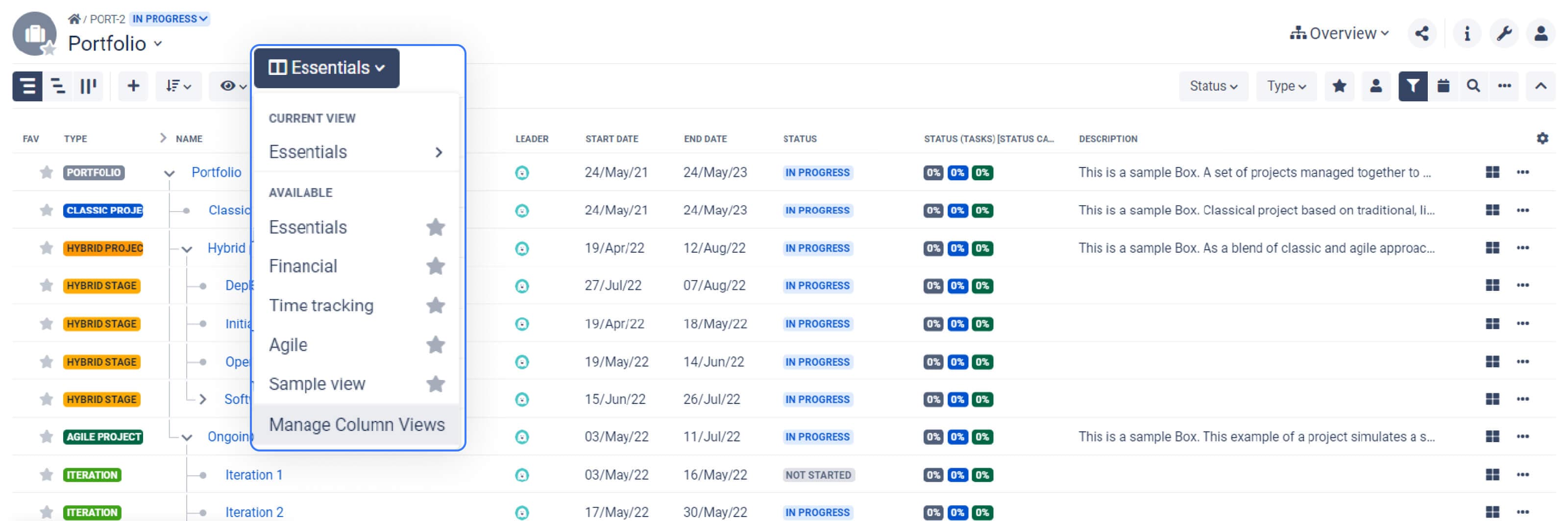 The Overview is similar to the Scope, only on a higher level. It lets you manage and track all the initiatives that belong to a selected portfolio or program.