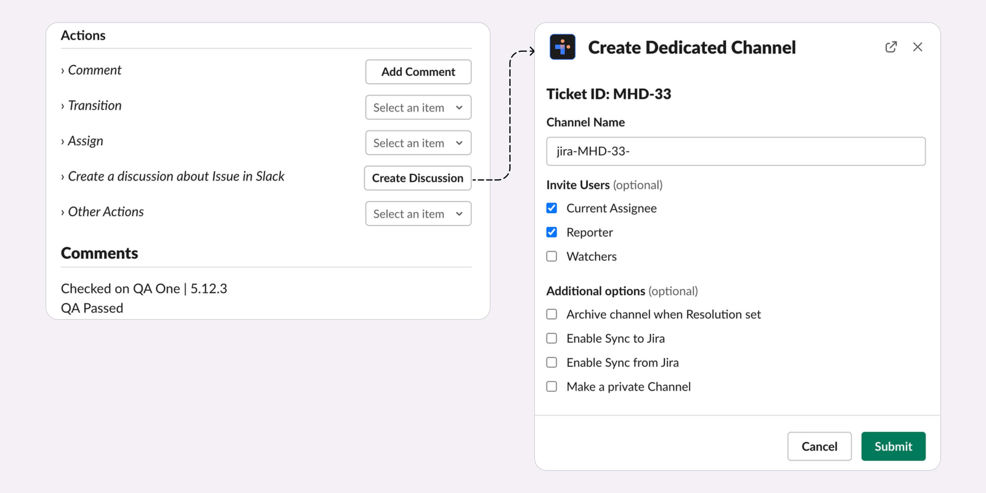 Overview of how to create streamlined collaborations within dedicated Slack channels when Integration+ is implemented.