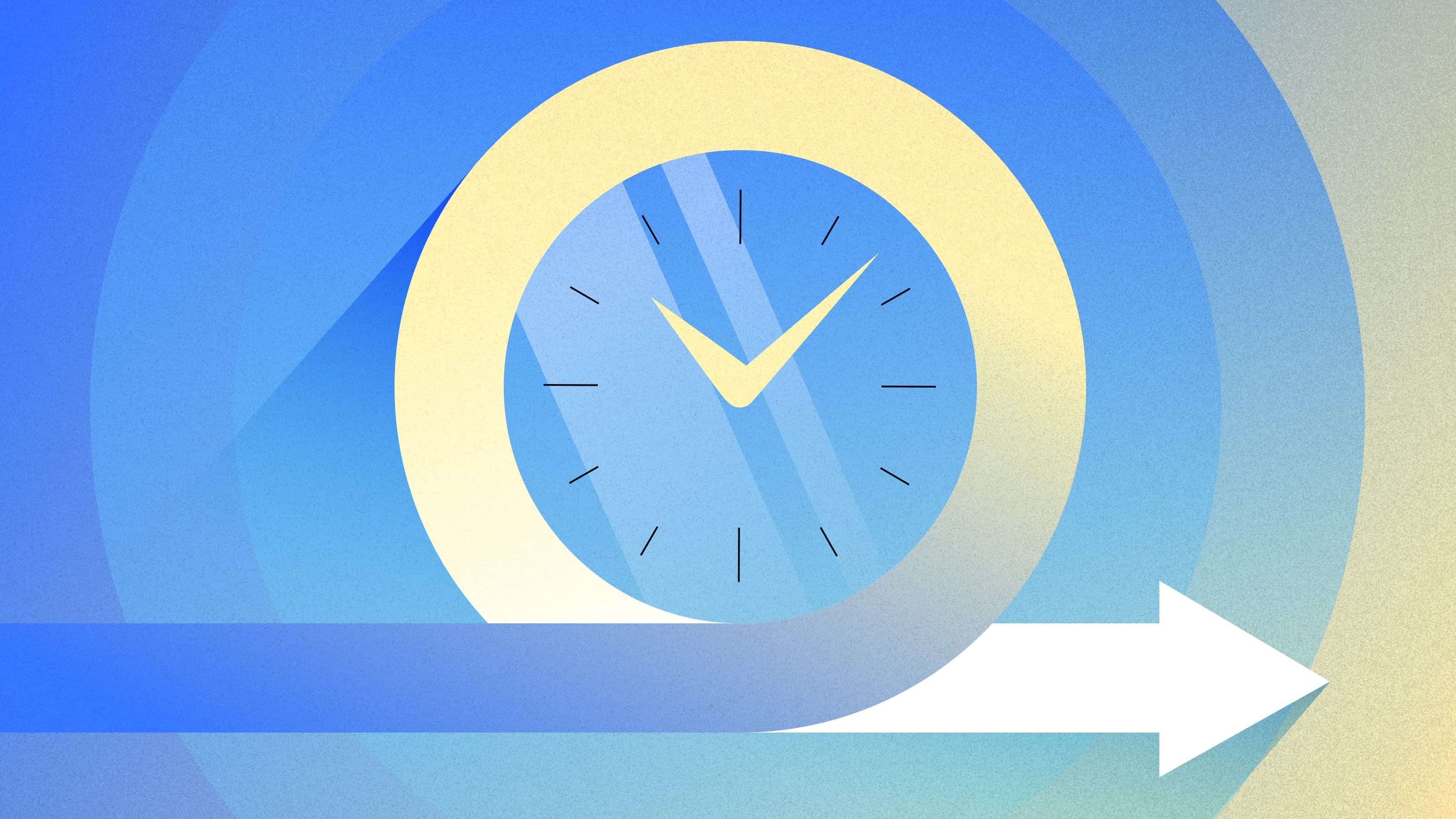 Illustration of a clock with a yellow arrow wrapping around it, symbolizing time and progression. The clock face has minimalistic hour markers, and the arrow points forward, representing forward momentum or planning.