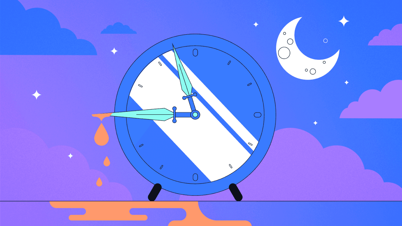 An abstract illustration of a blue and white clock, where the clock's hands point to 2:00. The clock is melting, with orange liquid dripping from its edge, symbolizing the passage or loss of time.