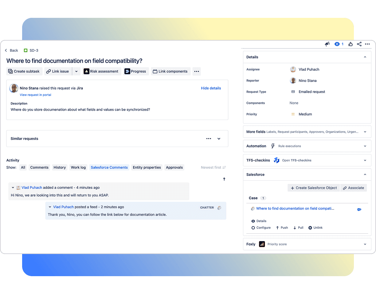 Jira interface displaying Epic to Account field mappings with sync directions between Jira fields and Salesforce fields, showing configuration and delete options