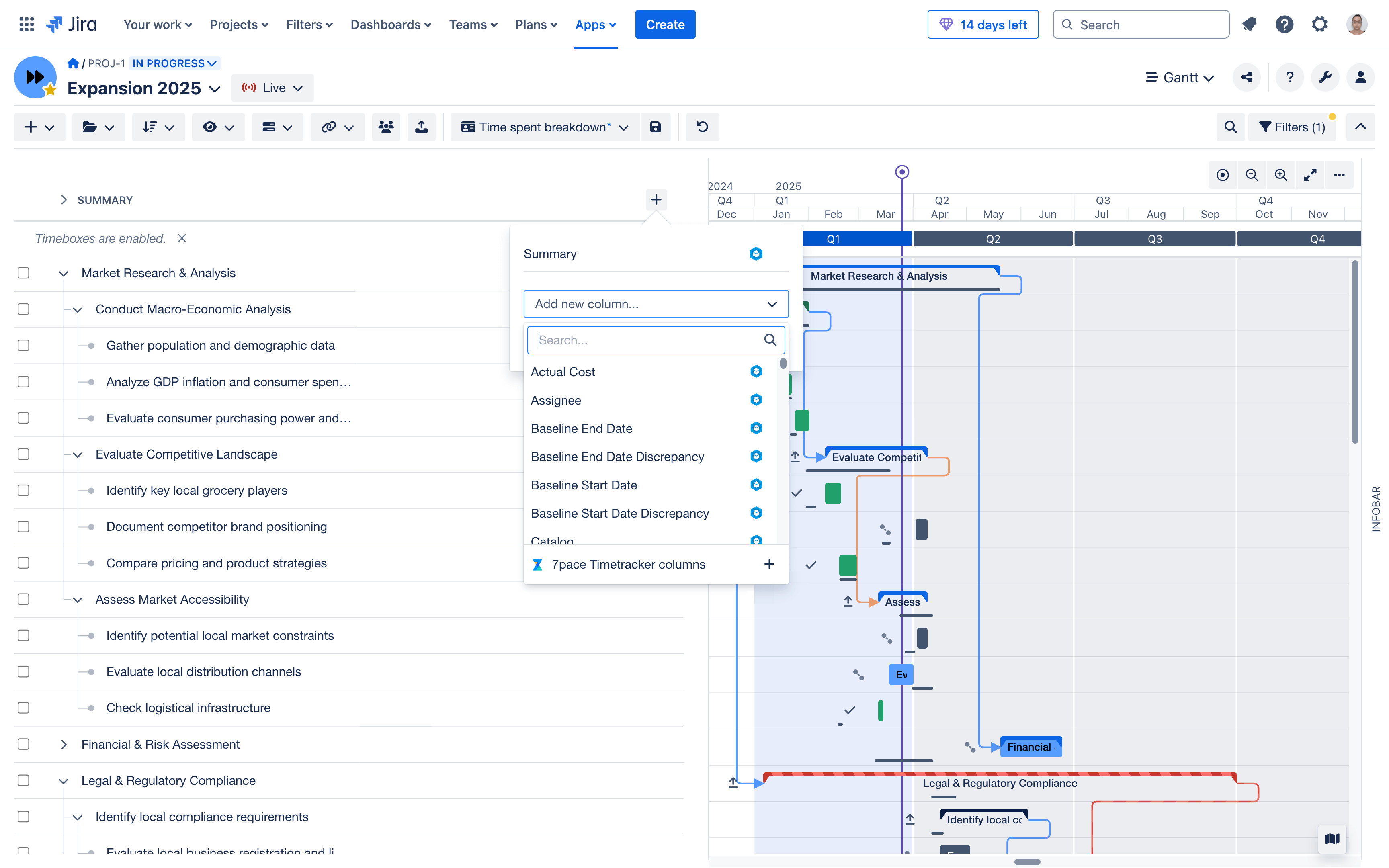 Gantt module view with 7pace columns added for time tracking data
