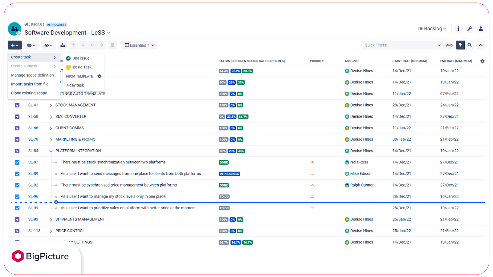 LeSS Rquirement Area in Jira Big Picture