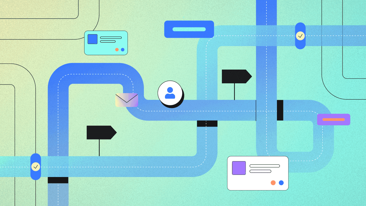 Illustration of a process flow, featuring blue and pastel-colored pipelines connecting various elements such as user icons, email icons, and buttons with checkmarks and directional signs, representing a digital workflow or user journey.