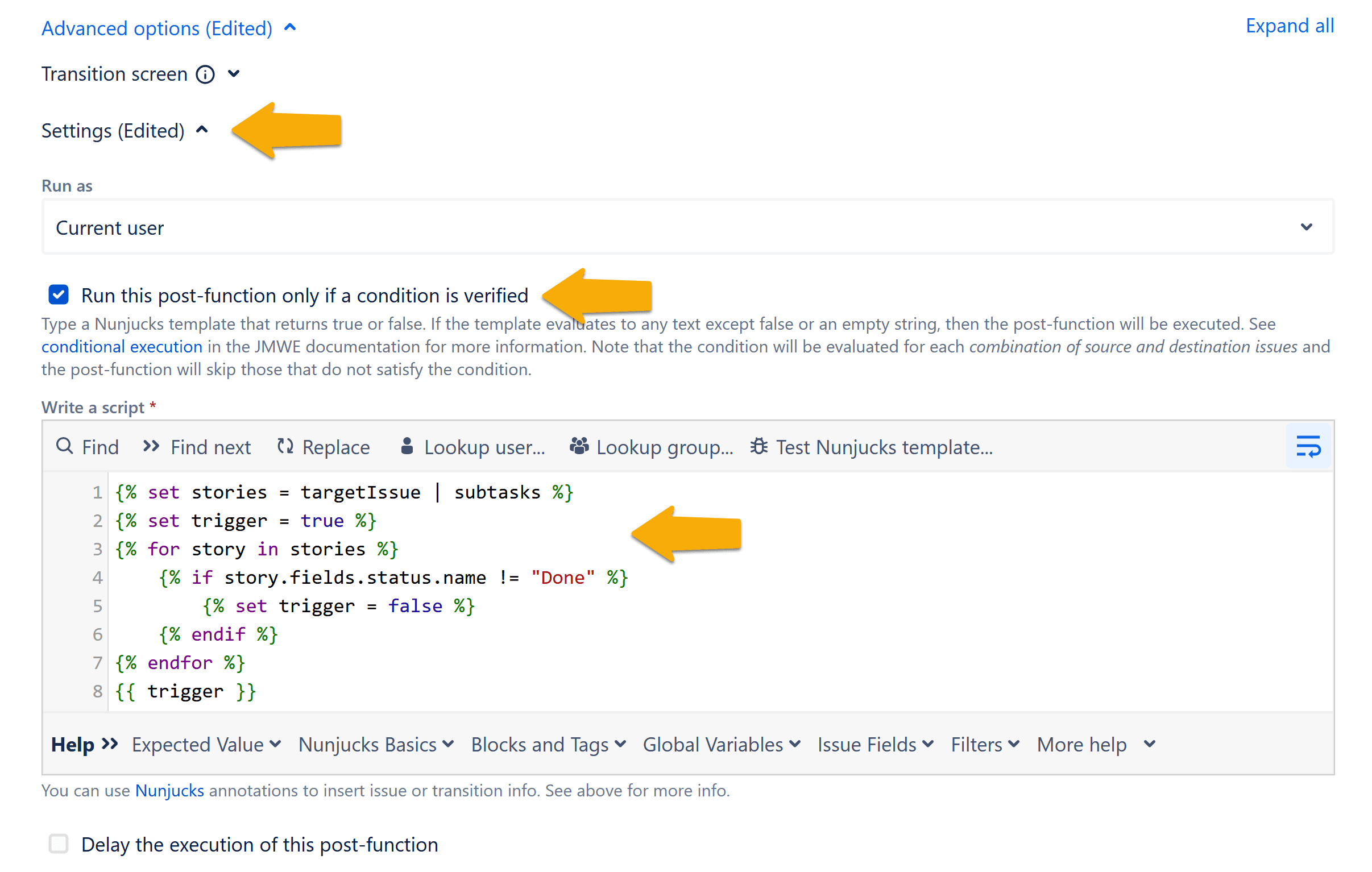 Jira post-function screen showing a conditional execution script that checks the status of subtasks before triggering the post-function