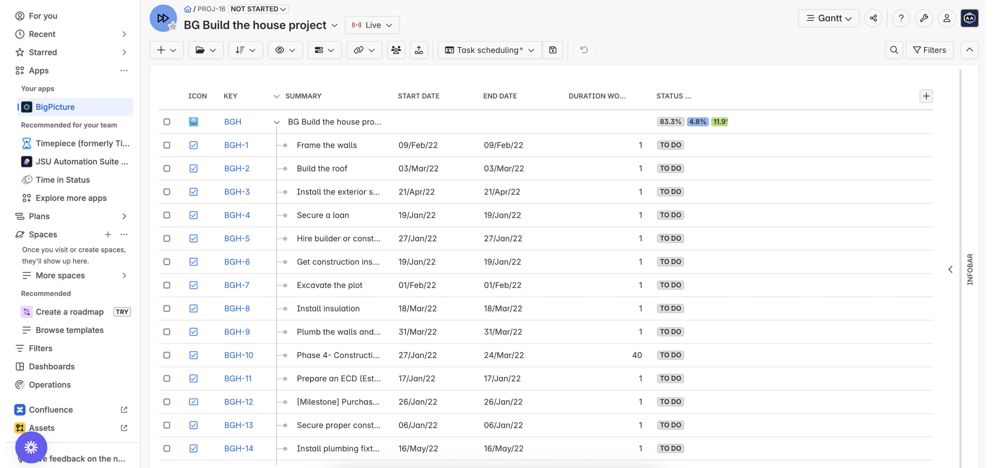Tasks breakdown section. Use a drag-and-drop feature to move (up and down) or nest your tasks.