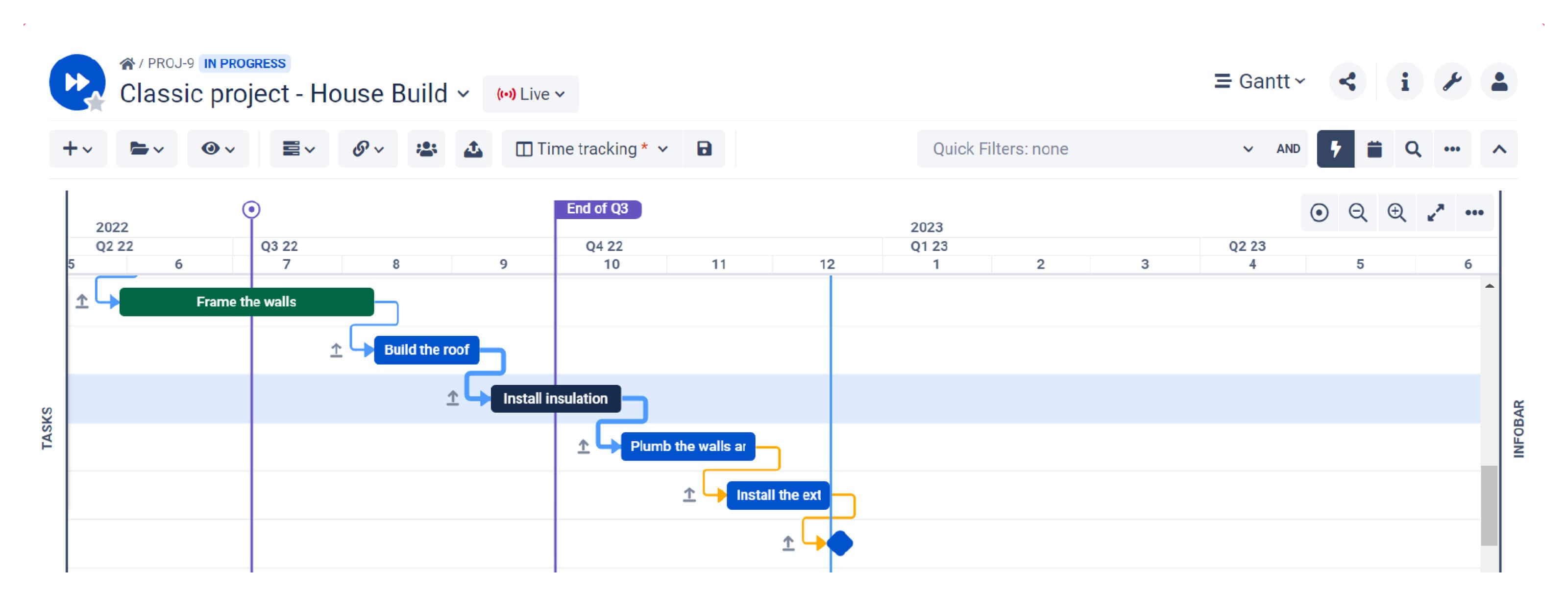 A Gantt chart for a classic project created with BigPicture. A blue diamond indicates a milestone for the construction phase. Whereas a purple marker highlights a special date on a project timeline.
