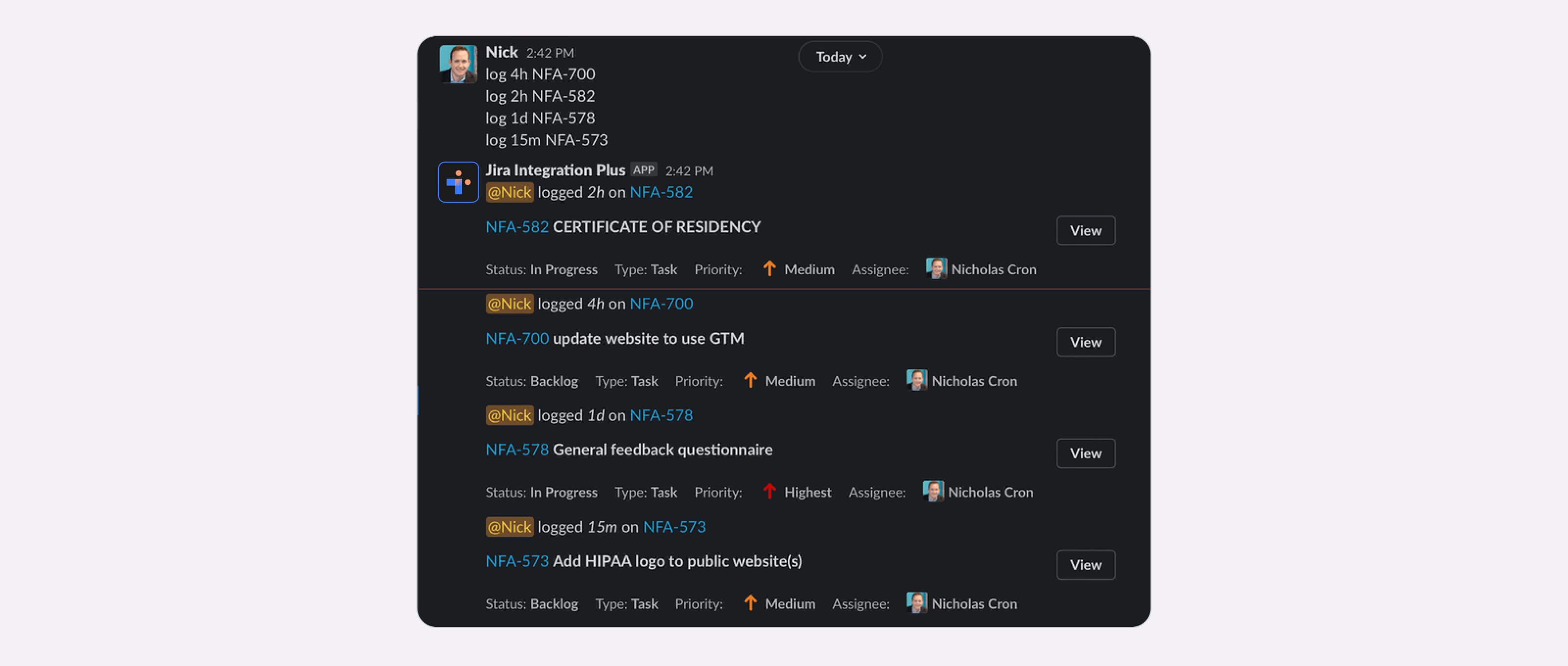 Overview of how to effortlessly log time to a Jira ticket when utilizing Appfire’s Integration+ for Slack.