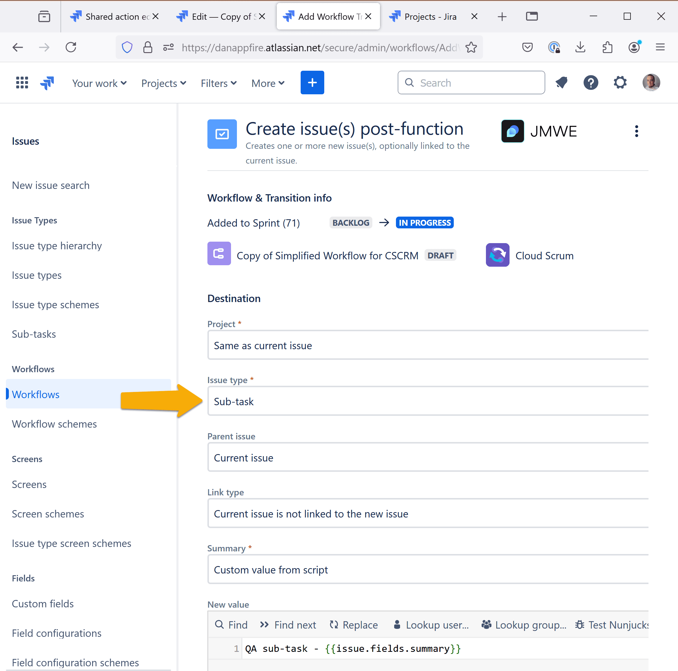 Jira workflow screen showing the 'Create issue(s) post-function' setup with a focus on the 'Sub-task' issue type in the workflow transition settings
