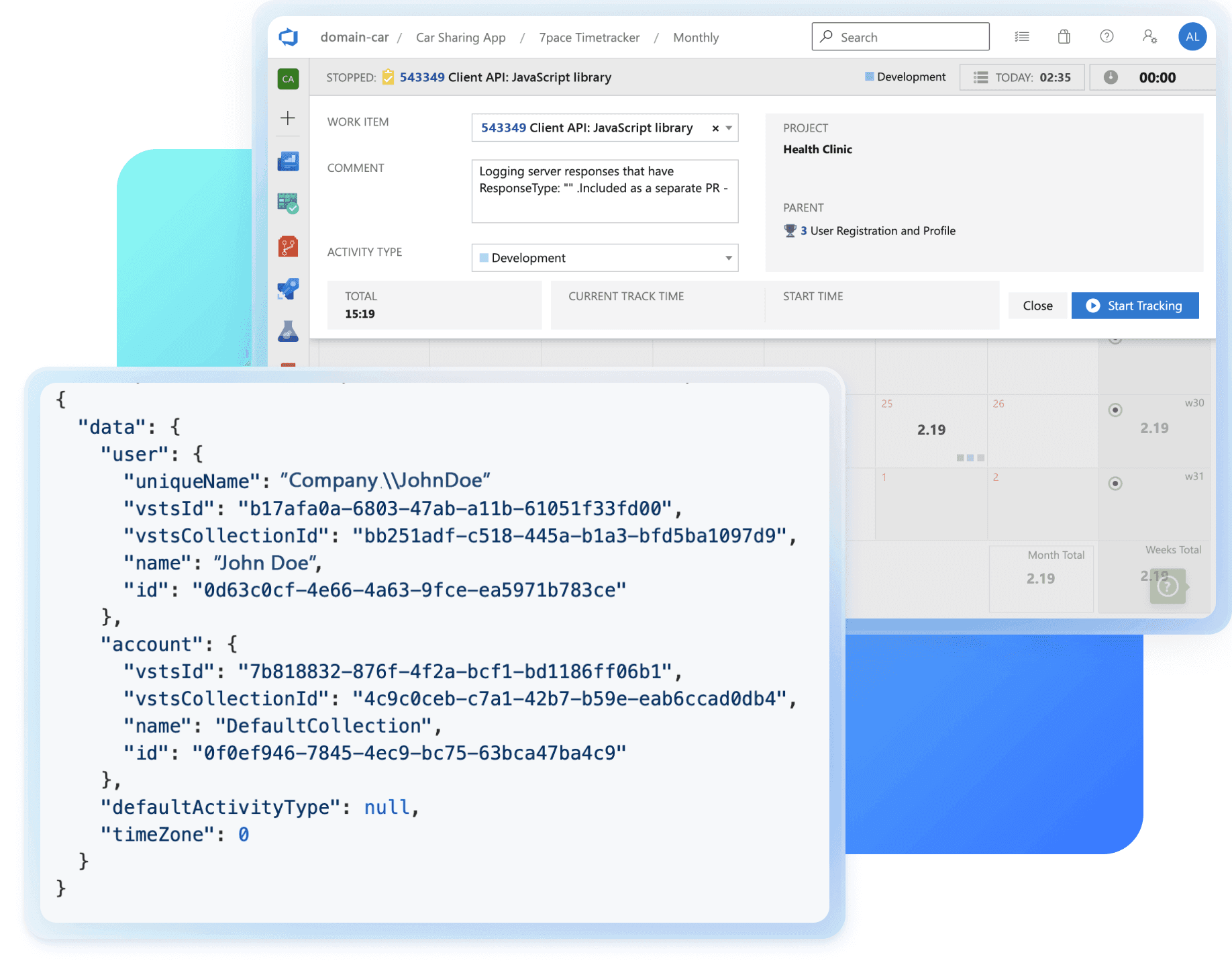 A screenshot showing a time tracking and timesheet management interface. The main display includes a weekly timesheet with logged hours, a small window with JSON data likely representing user details, and an open Excel spreadsheet.