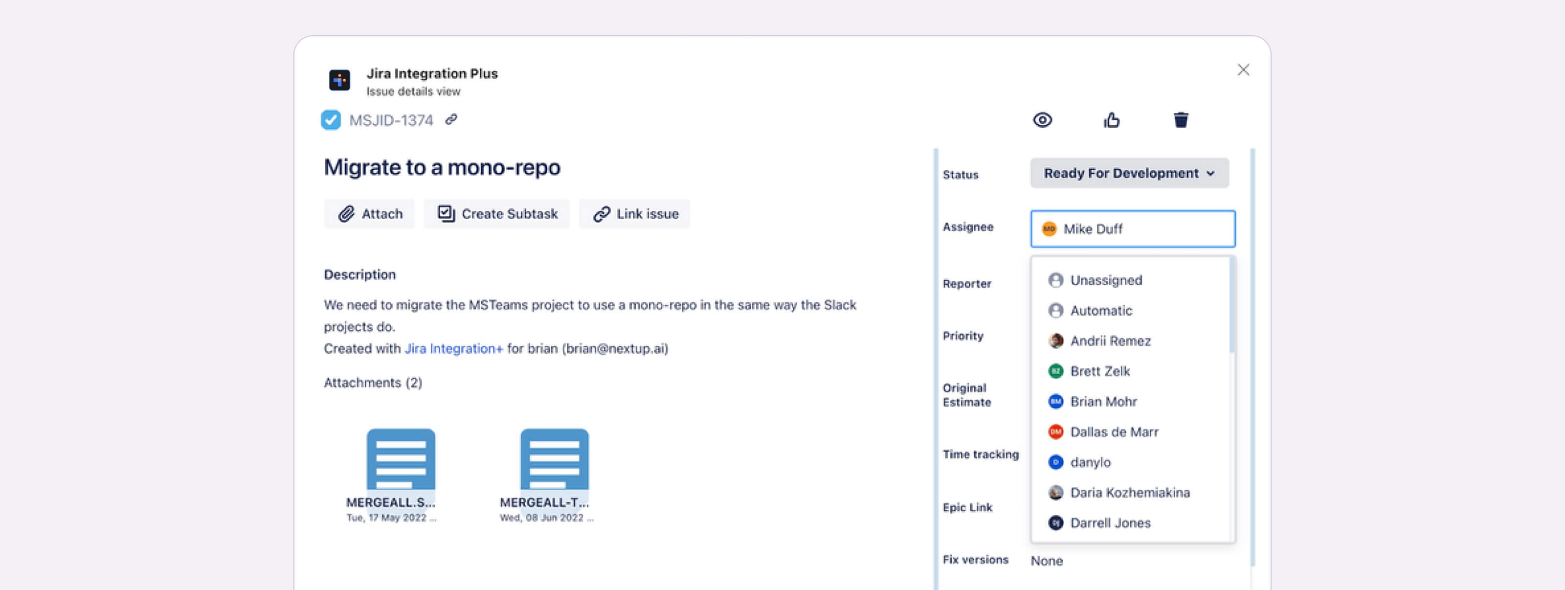 detailed view of a Jira issue within the Jira Integration Plus app, titled 