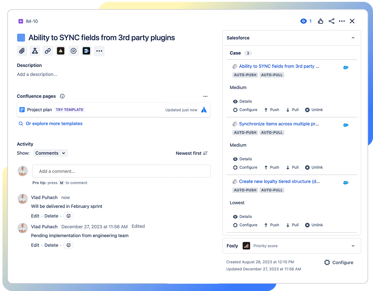 Jira issue view showcasing Salesforce case sync with multiple connected Salesforce records, each offering configure, push, pull, and unlink options.