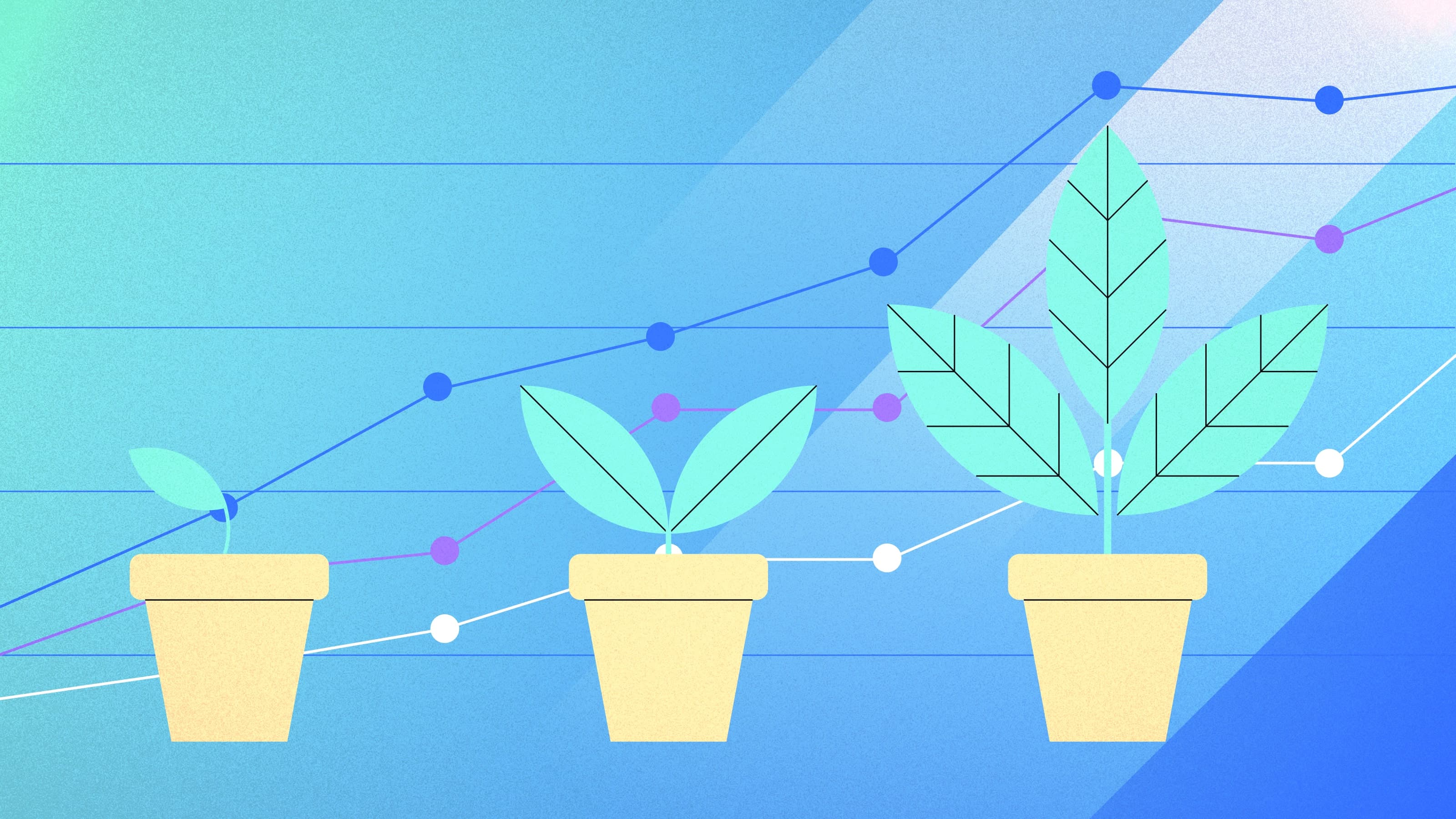 Blue-gradient background with a line chart as well as a potted plant transitioning over time - they both depict growth.