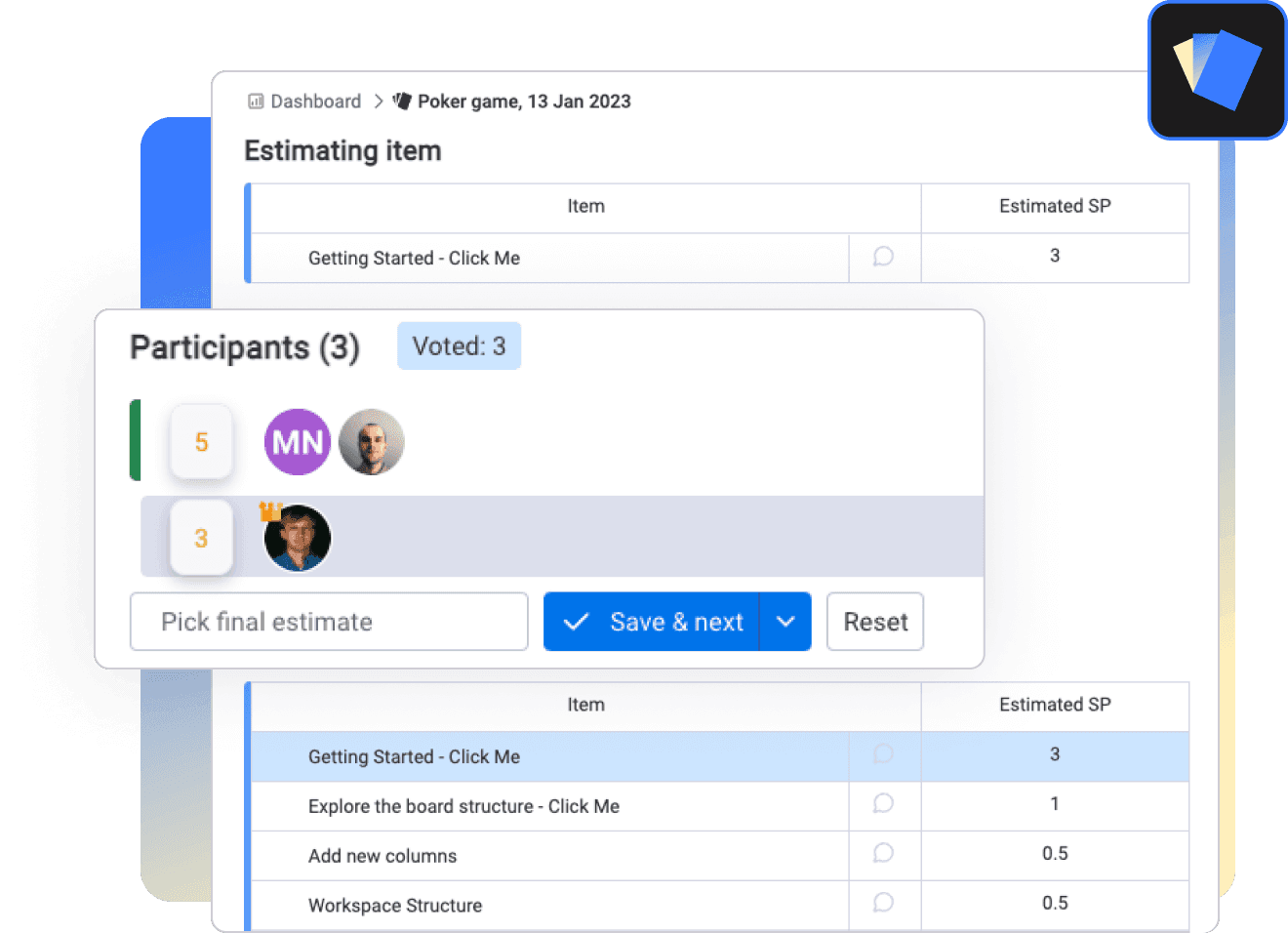 Project management interface displaying an estimation session with participants voting on task estimates.