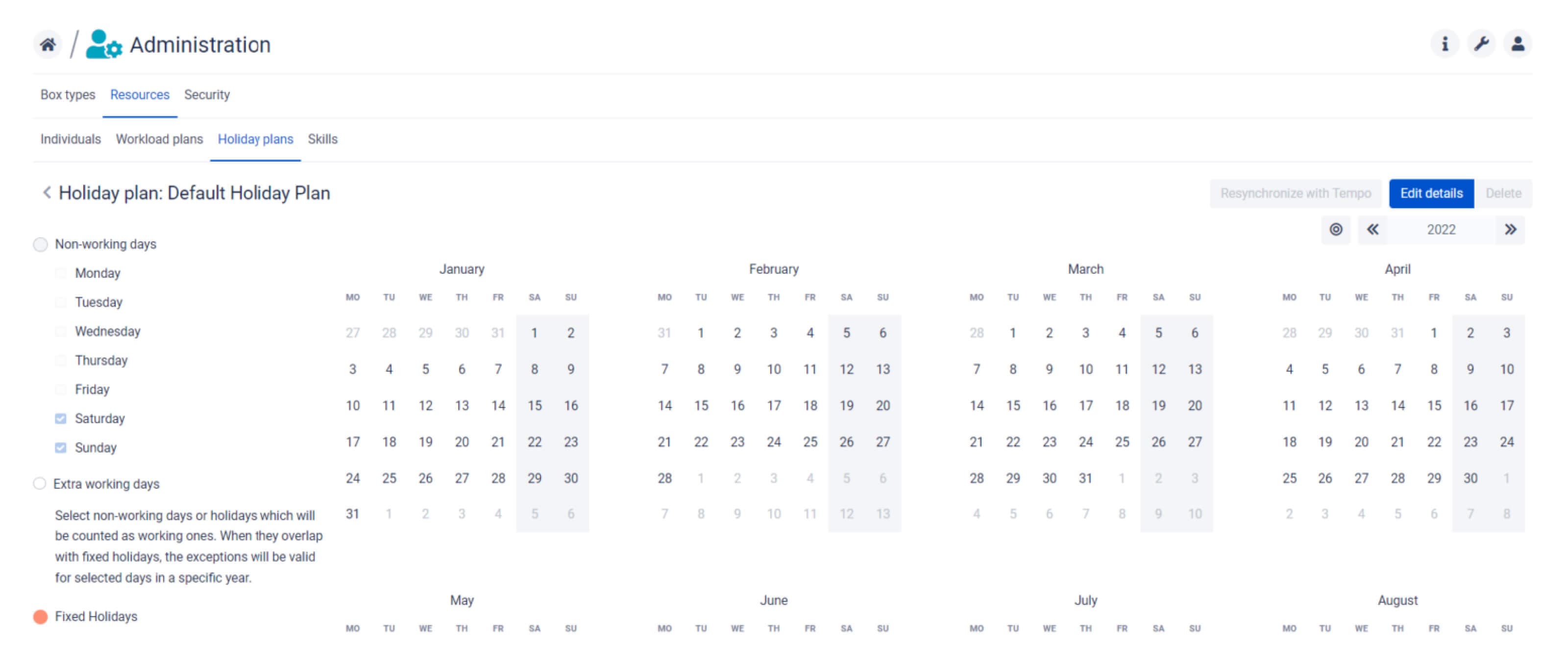 A default Holiday plan in BigPicture. Users can easily customize it to suit their needs.