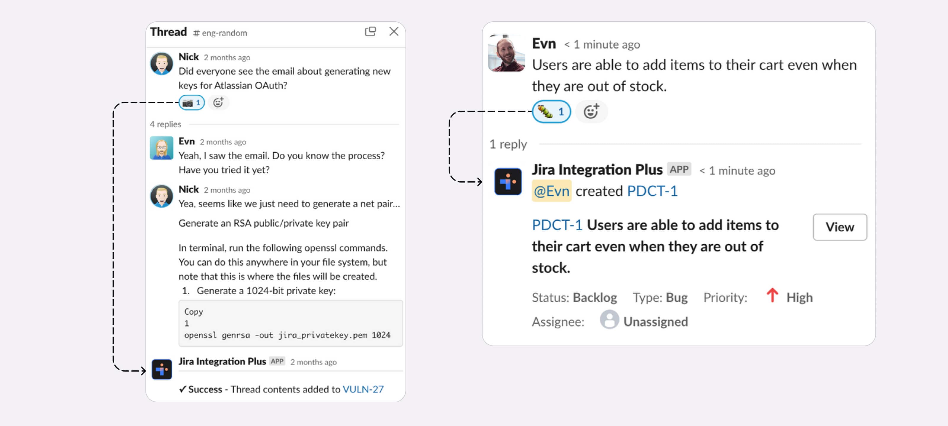 Screenshot of how to log a bug issue utilizing the bug emoji when using Integration+ for Slack.