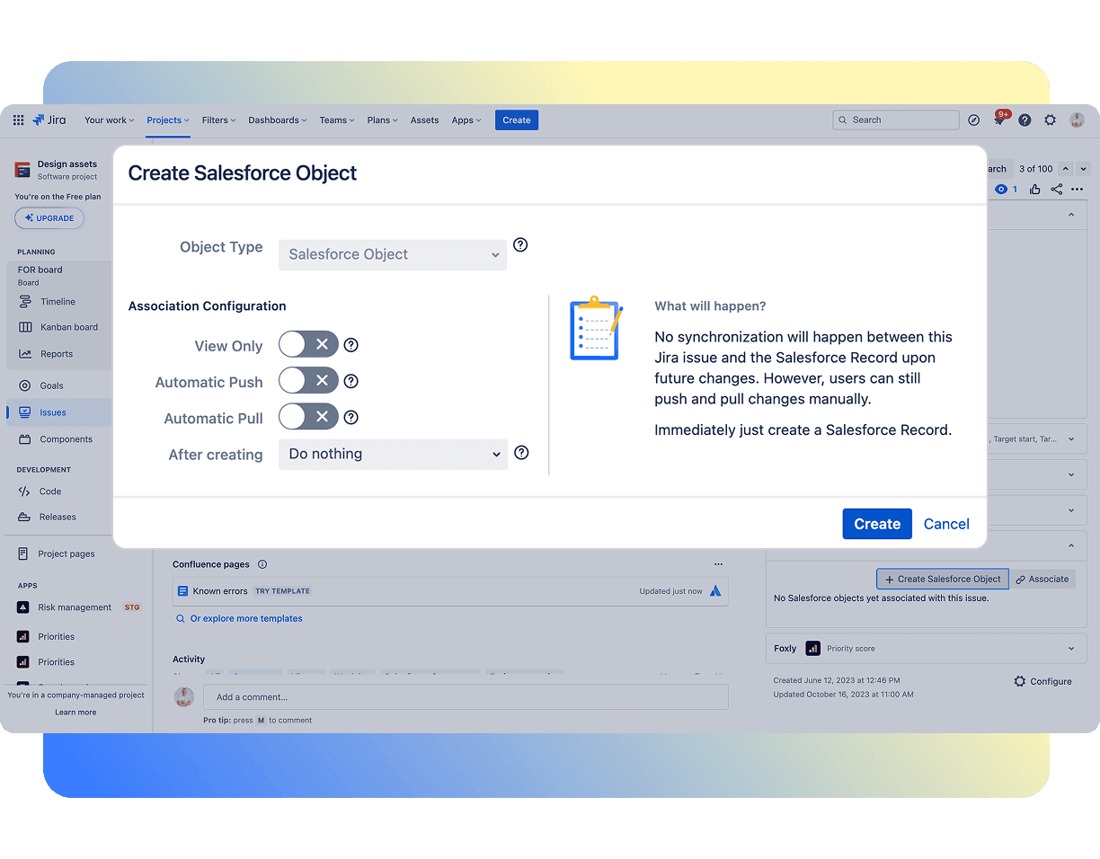 Jira Service Desk interface showing a support ticket about field compatibility documentation, with Salesforce case association visible on the right panel.