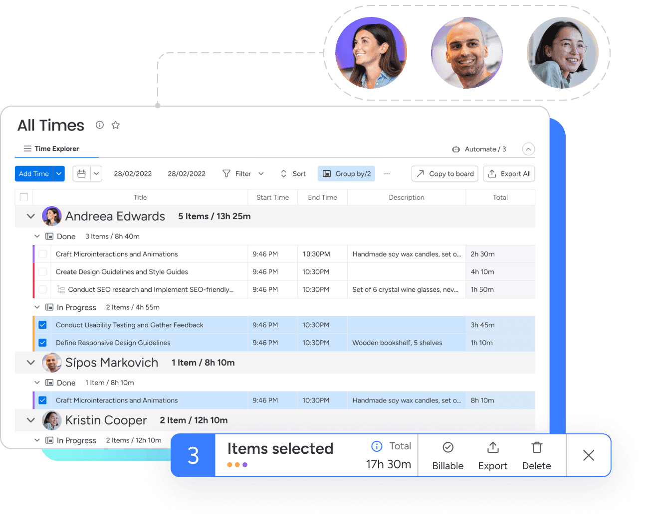 Time tracking interface showing an overview of tasks and times logged by different team members