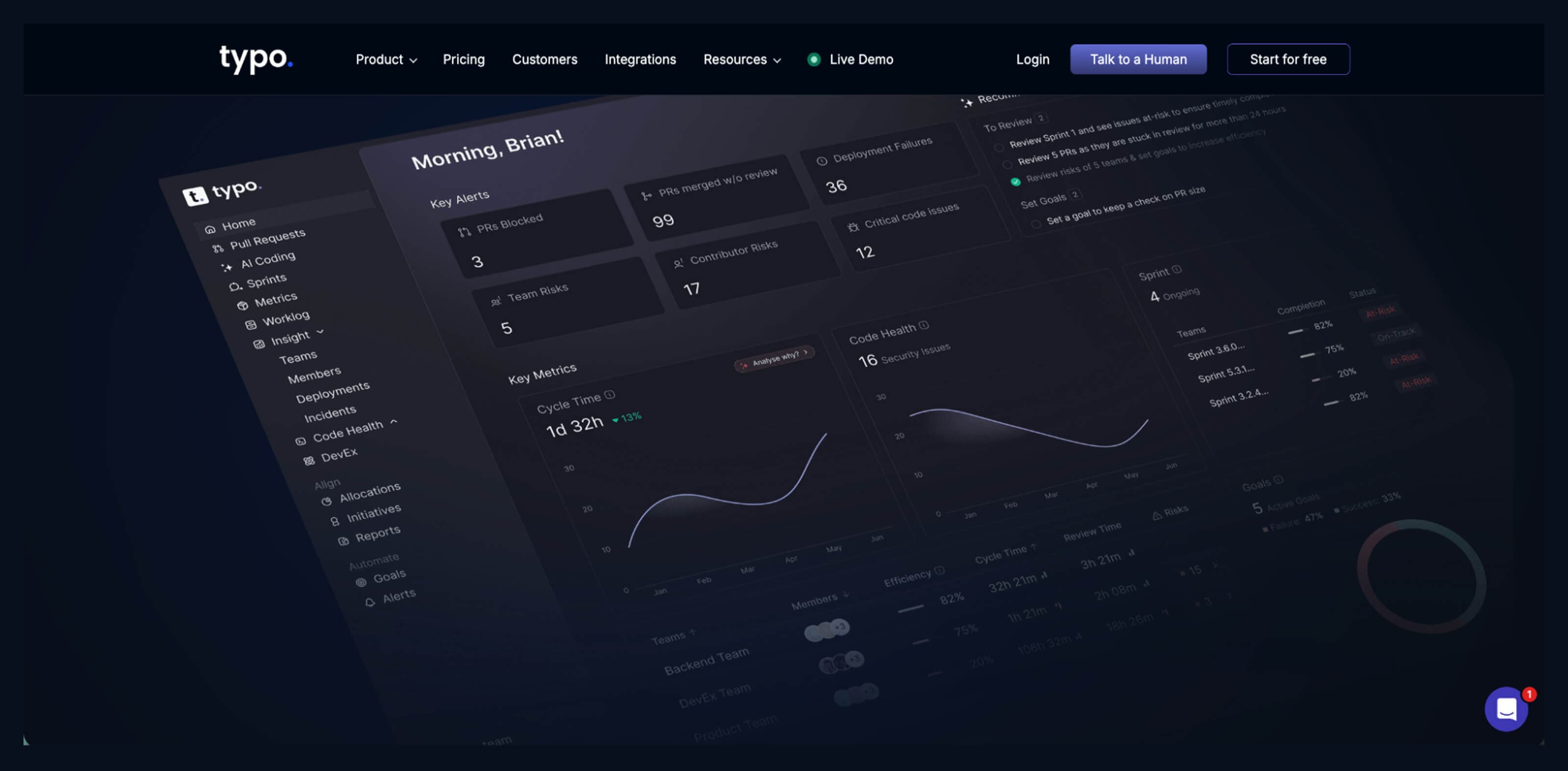 Typo interface featuring AI-driven signals for team productivity and developer experience metrics.